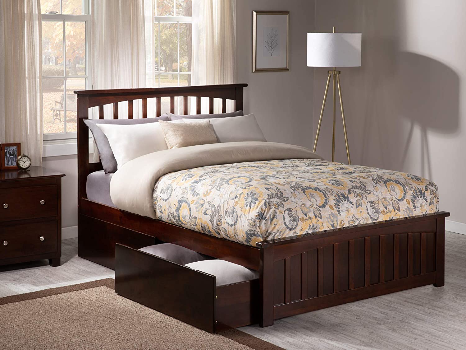 Mission Full Platform Bed with Matching Footboard and Turbo Charger with Urban Bed Drawers in Walnut