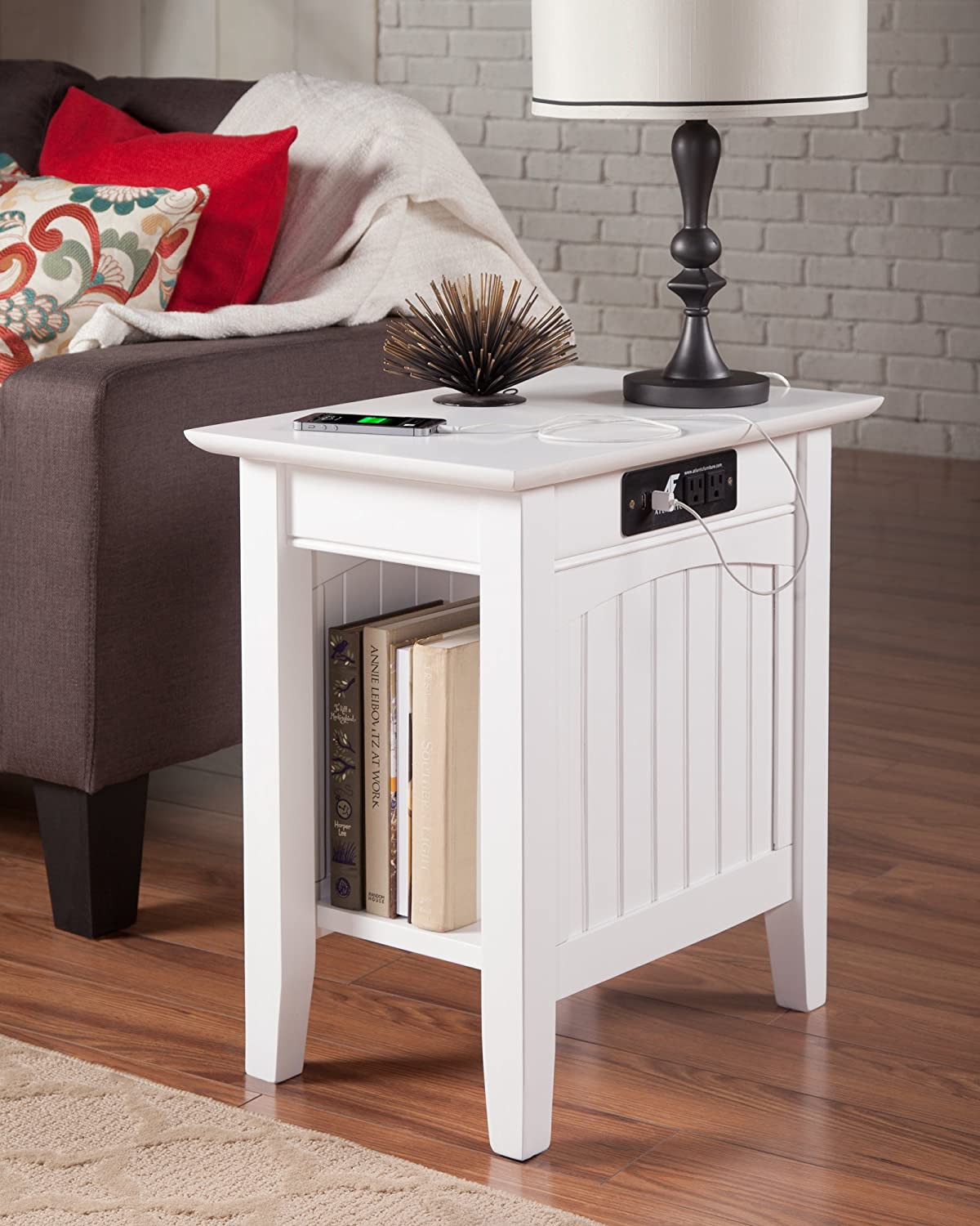 AFI Nantucket Chair Side Table with Charging Station, (22&#34; x 14&#34;), White