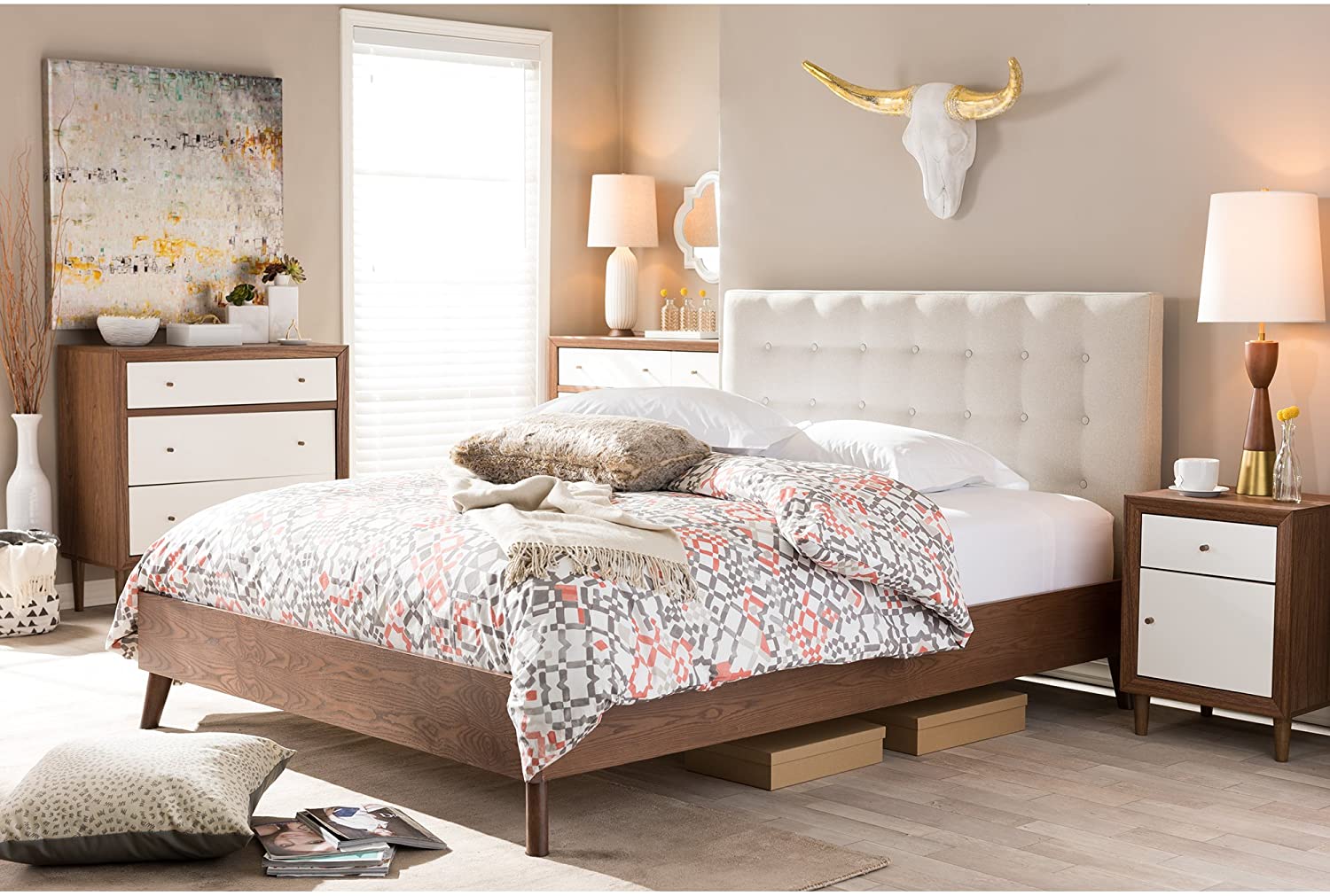 The Alinia full size fabric upholstered platform bed in grey has a beautiful walnut veneer finish that will bring a touch of elegance to your room. The large tapered headboard` with button-tufting design is the focal point to this bed` upholstered in fab