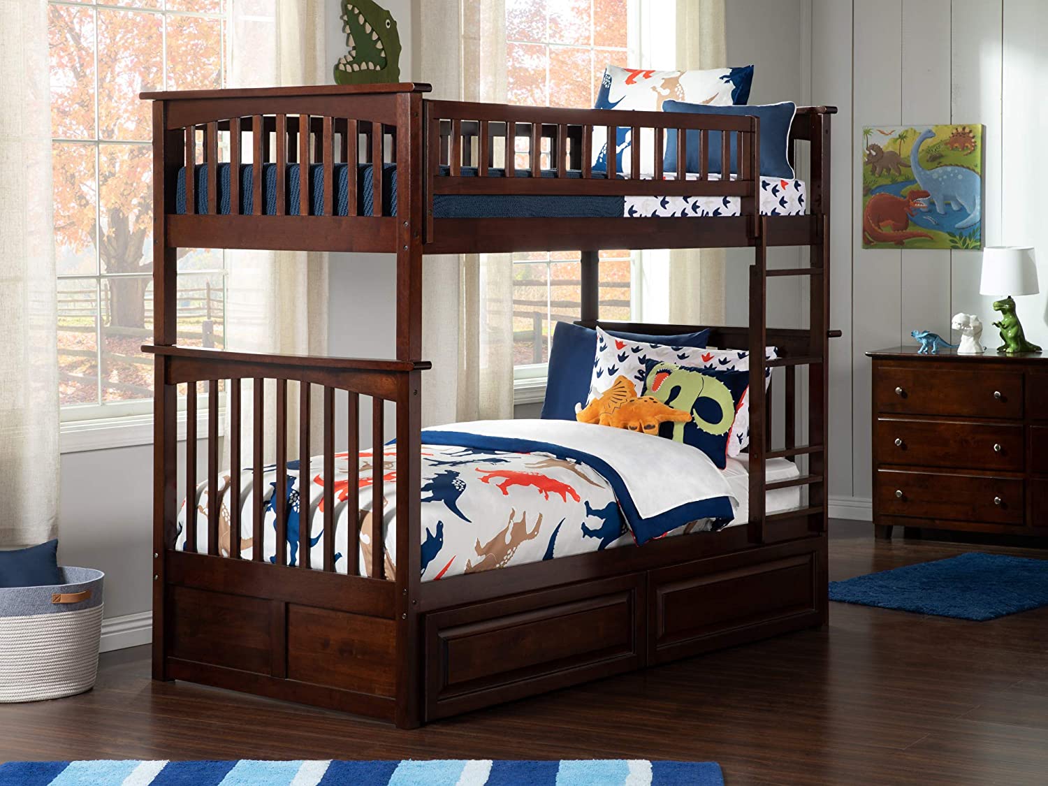 Atlantic Furniture Columbia Bunk Bed with 2 Raised Panel Bed Drawers Walnut/Twin Over Twin