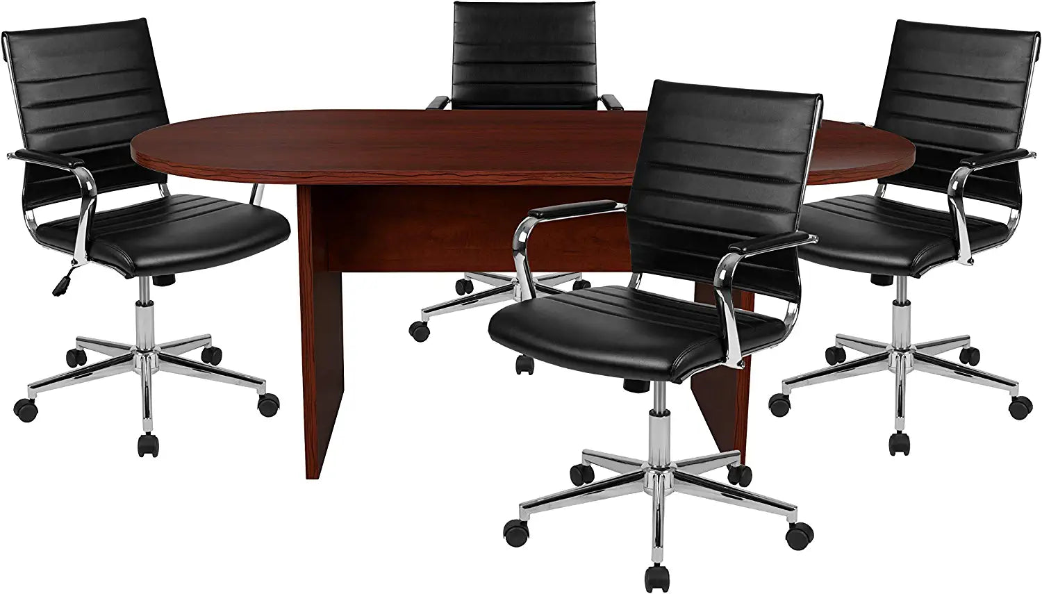 Flash Furniture 5 Piece Mahogany Oval Conference Table Set with 4 Black LeatherSoft Ribbed Executive Chairs