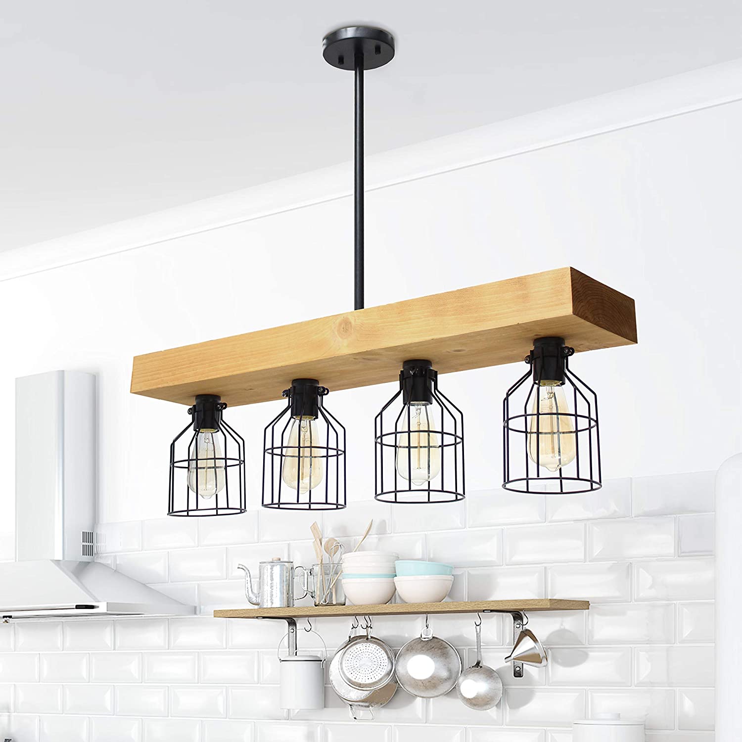 Elegant Designs CH1001-LWD 4 Light Rustic Farmhouse Industrial Wired Cage Pendant Island Light Chandelier, Light Wood