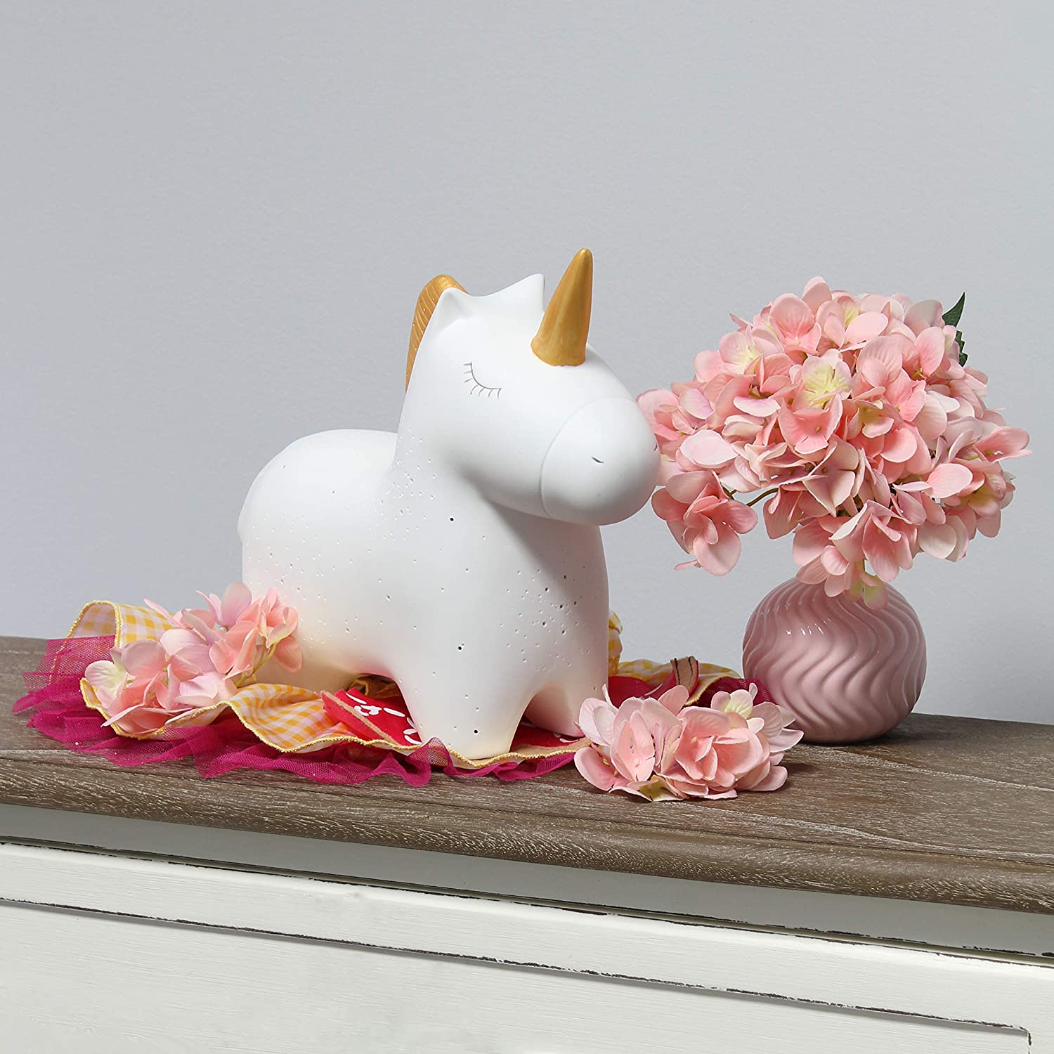 Simple Designs Gold and White Porcelain Fun Shaped Night Light Table Lamp, Unicorn