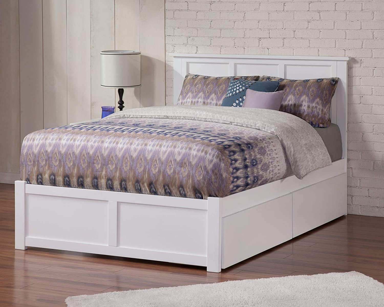 Atlantic Furniture Madison Platform Flat Panel Footboard and Turbo Charger with Urban Bed Drawers, Full, White