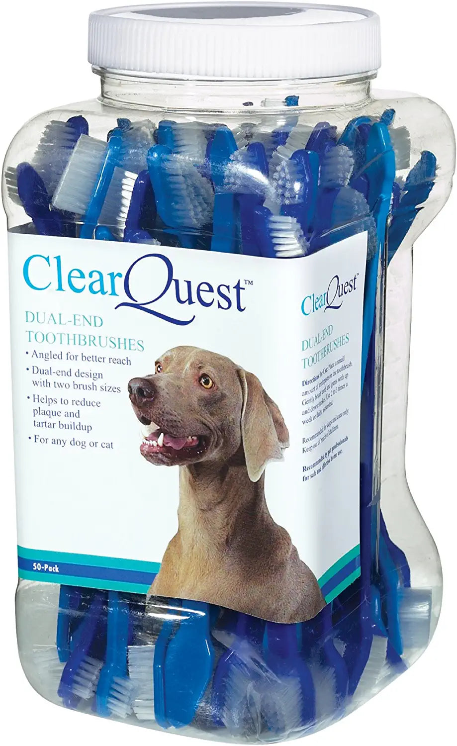 ClearQuest Dual-End Pet Toothbrushes, 9-Inch, 50/Canister, (Colors Vary)