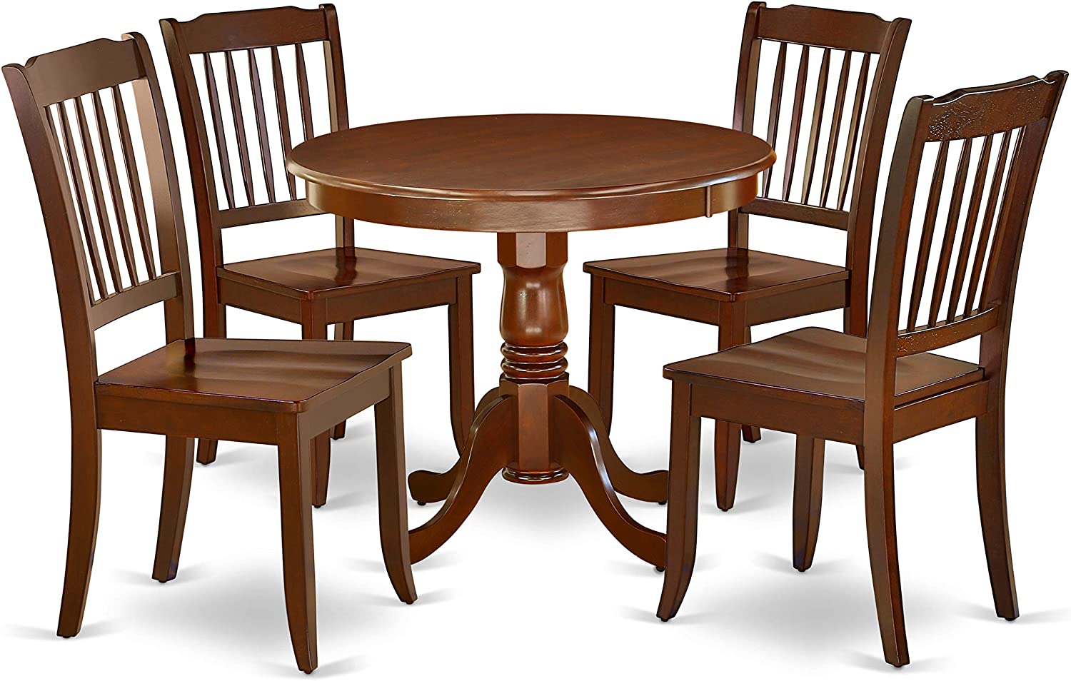 East West Furniture 5PC Round 36 inch Table and 4 vertical slatted Chairs, Mahogany