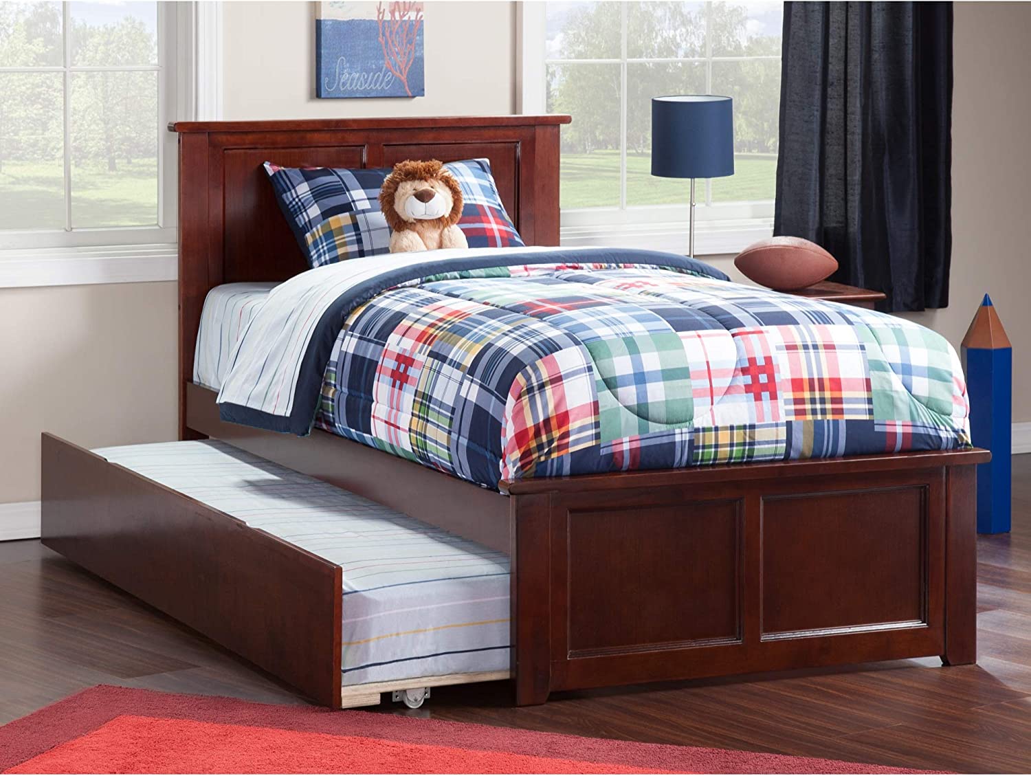 AFI Madison Platform Bed with Matching Footboard and Turbo Charger with Twin Extra Long Trundle, XL, Walnut