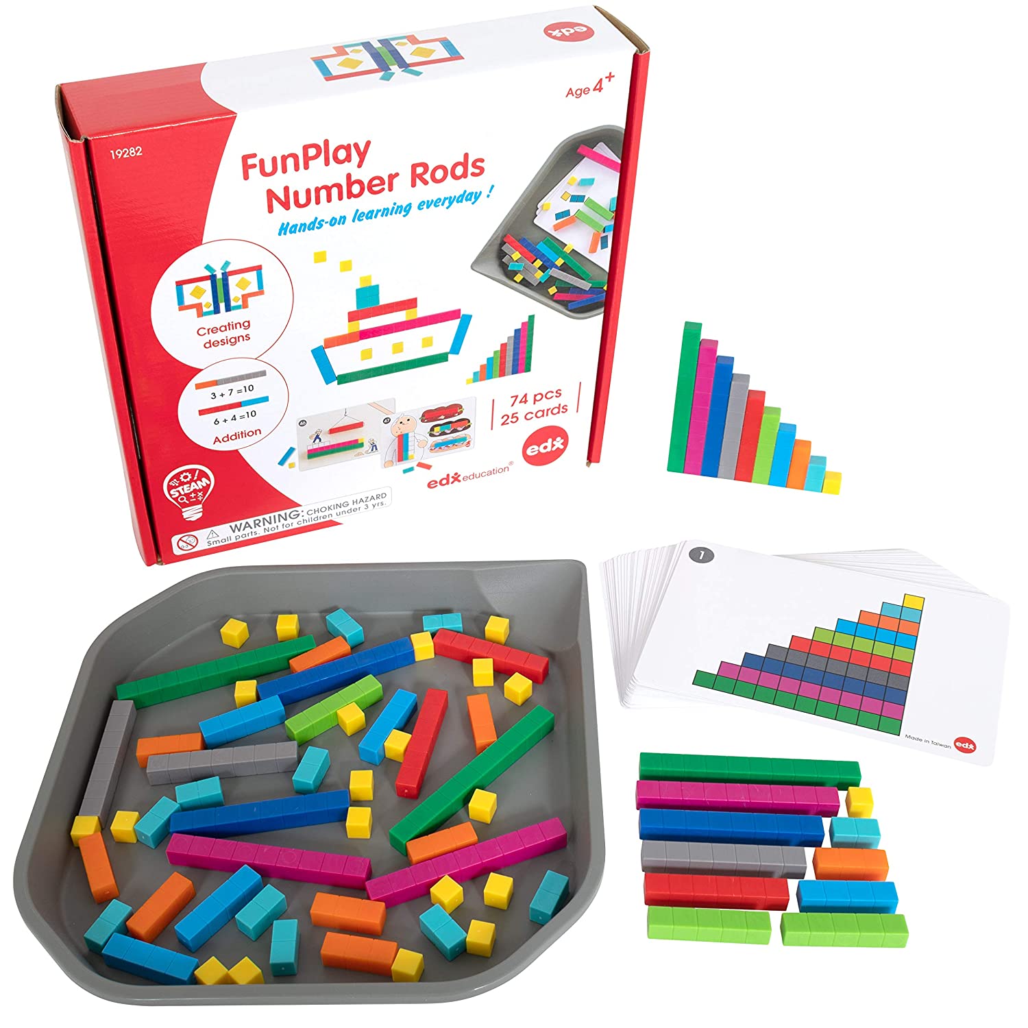 edxeducation FunPlay Number Rods - Homeschool Kit for Kids - Set of 74 Math Manipulatives + 50 Activities + Messy Tray