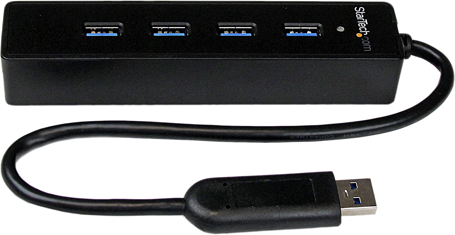 StarTech.com 4-Port USB 3.0 Hub with Built-in Cable - SuperSpeed Laptop USB Hub - Portable USB Splitter - Mini USB Hub (ST4300PBU3), Black