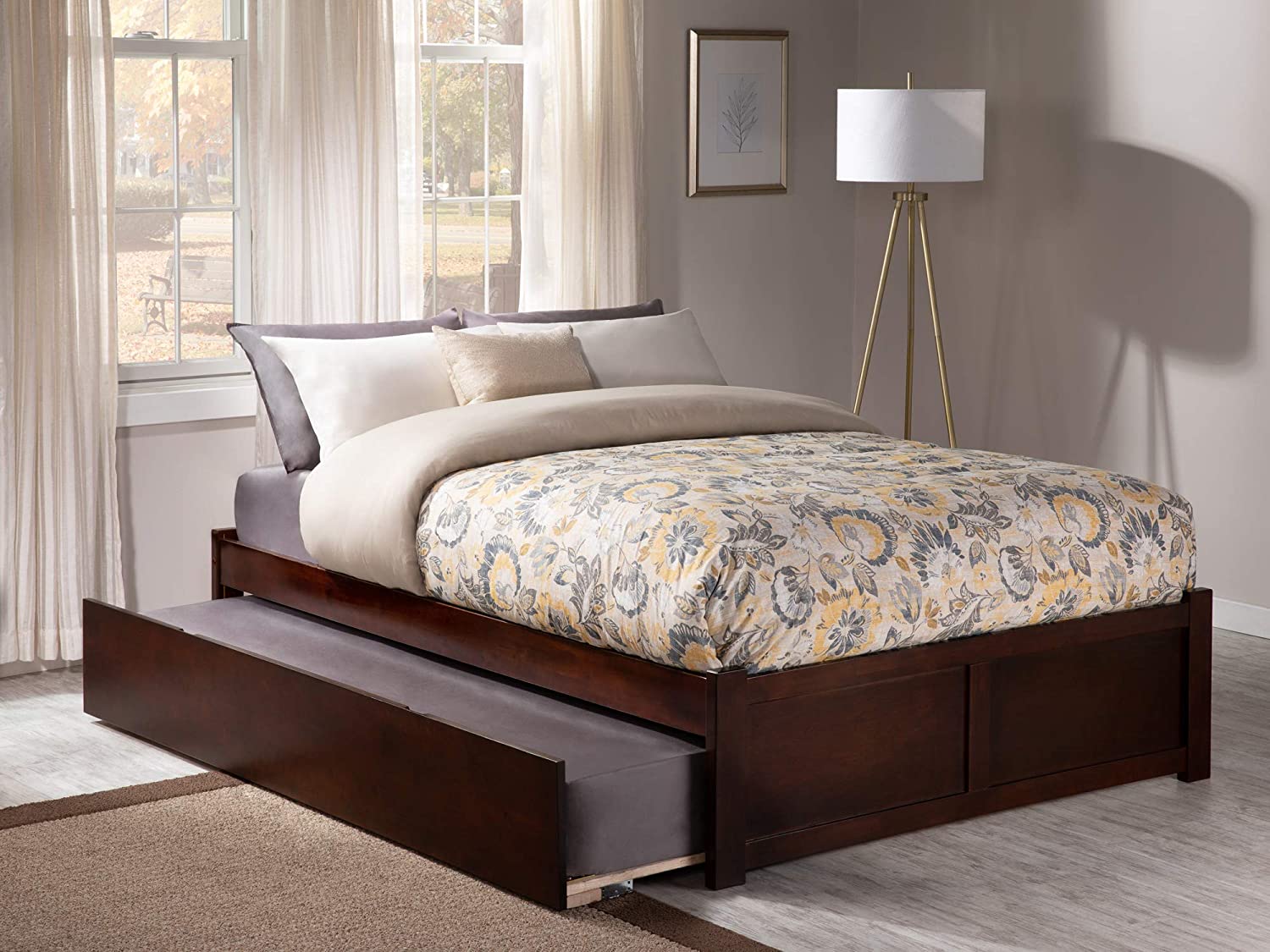 AFI Concord Platform Bed with Flat Panel Footboard and Twin Size Urban Trundle, Full, Walnut