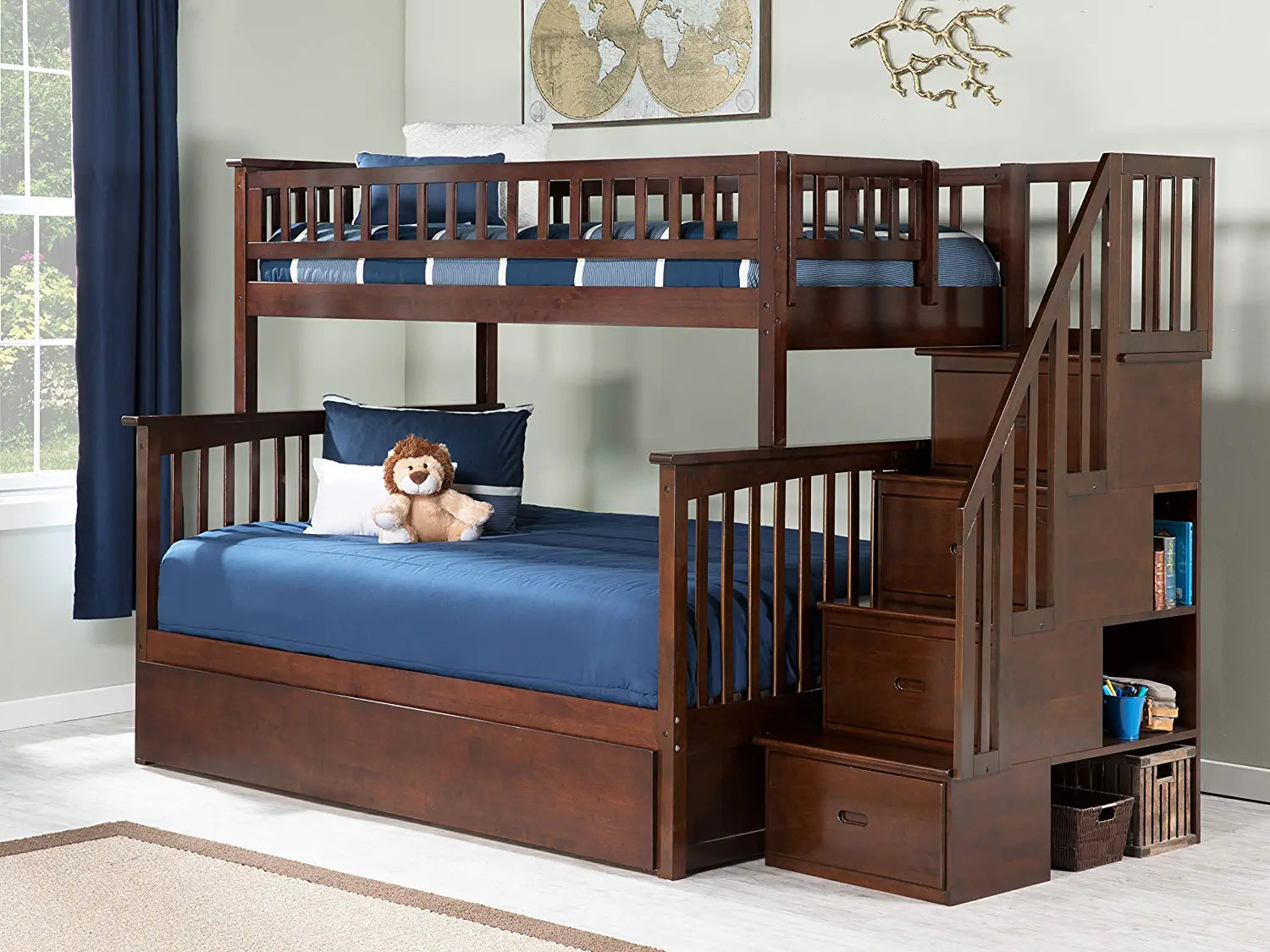 AFI Columbia Staircase Bunk with Turbo Charger and Twin Size Urban Trundle, Full, Walnut