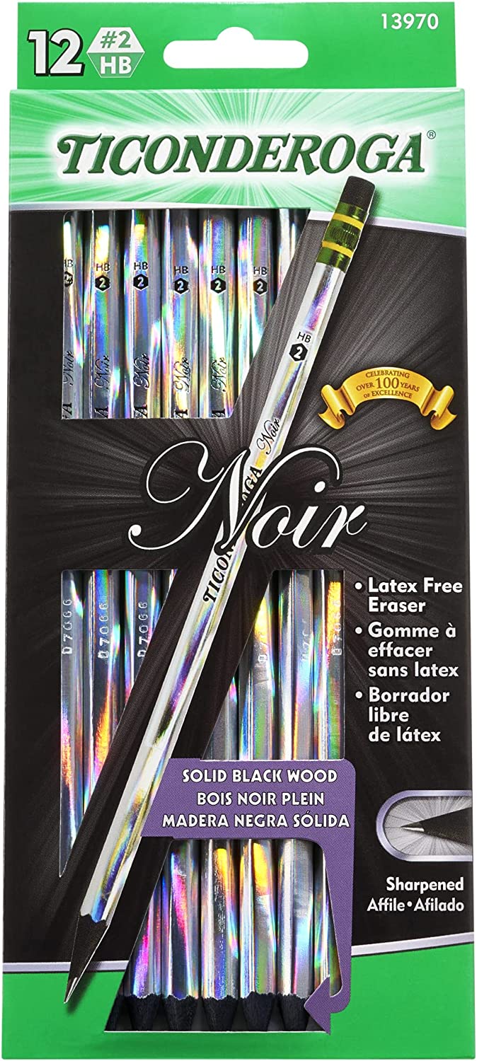 Ticonderoga Noir Black Wood-Cased #2 Pencils, Holographic Design, 12 Count