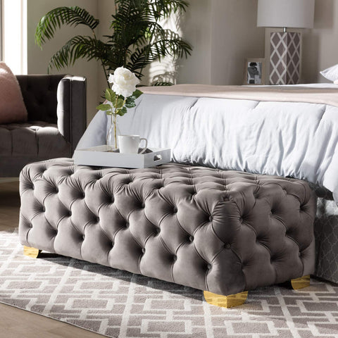 Baxton Studio Avara Glam and Luxe Gray Velvet Fabric Upholstered Gold Finished Button Tufted Bench Ottoman