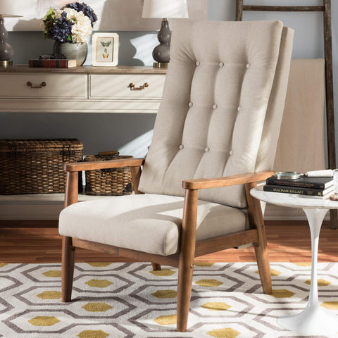 Baxton Studio Roxy Mid-Century Modern Upholstered Button-Tufted High-Back Chair Light Beige