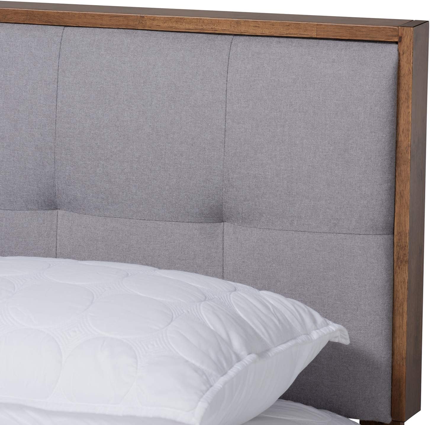 Baxton Studio Alke Mid-Century Modern Light Grey Fabric Upholstered Walnut Brown Finished Wood King Size Platform Bed