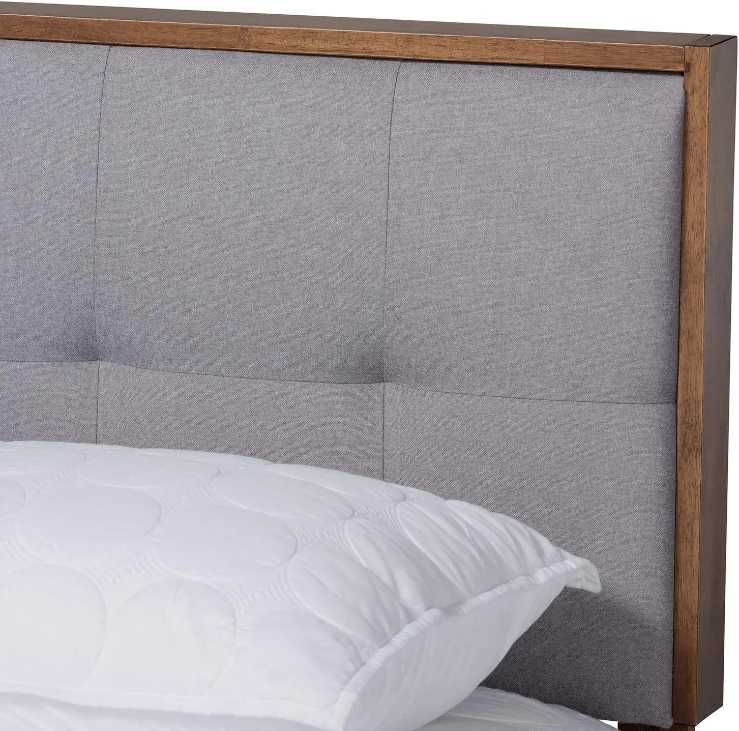 Baxton Studio Alke Mid-Century Modern Light Grey Fabric Upholstered Walnut Brown Finished Wood Queen Size Platform Bed