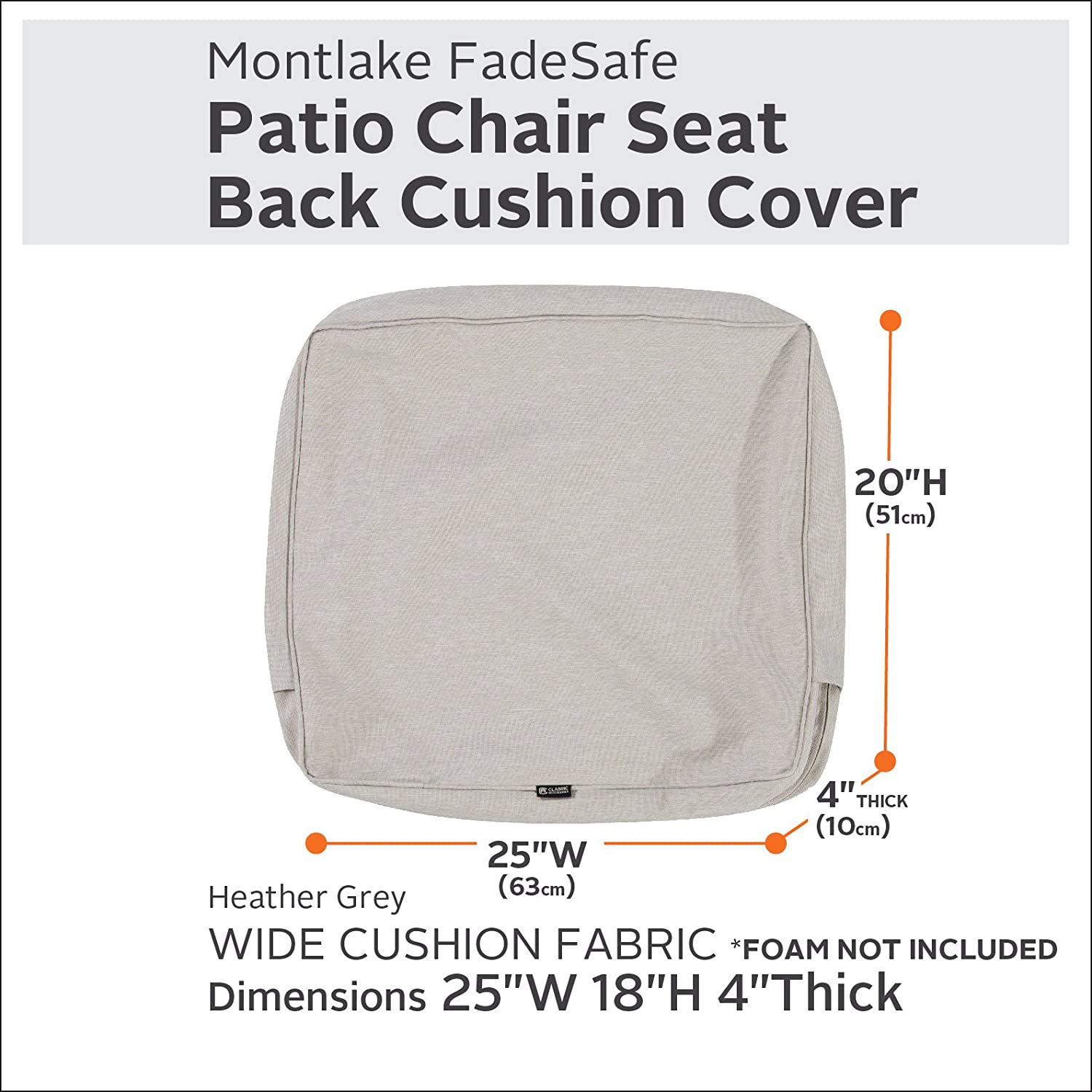 Classic Accessories Montlake Water-Resistant 25 x 18 x 4 Inch Outdoor Back Cushion Slip Cover, Patio Furniture Cushion Cover, Heather Grey