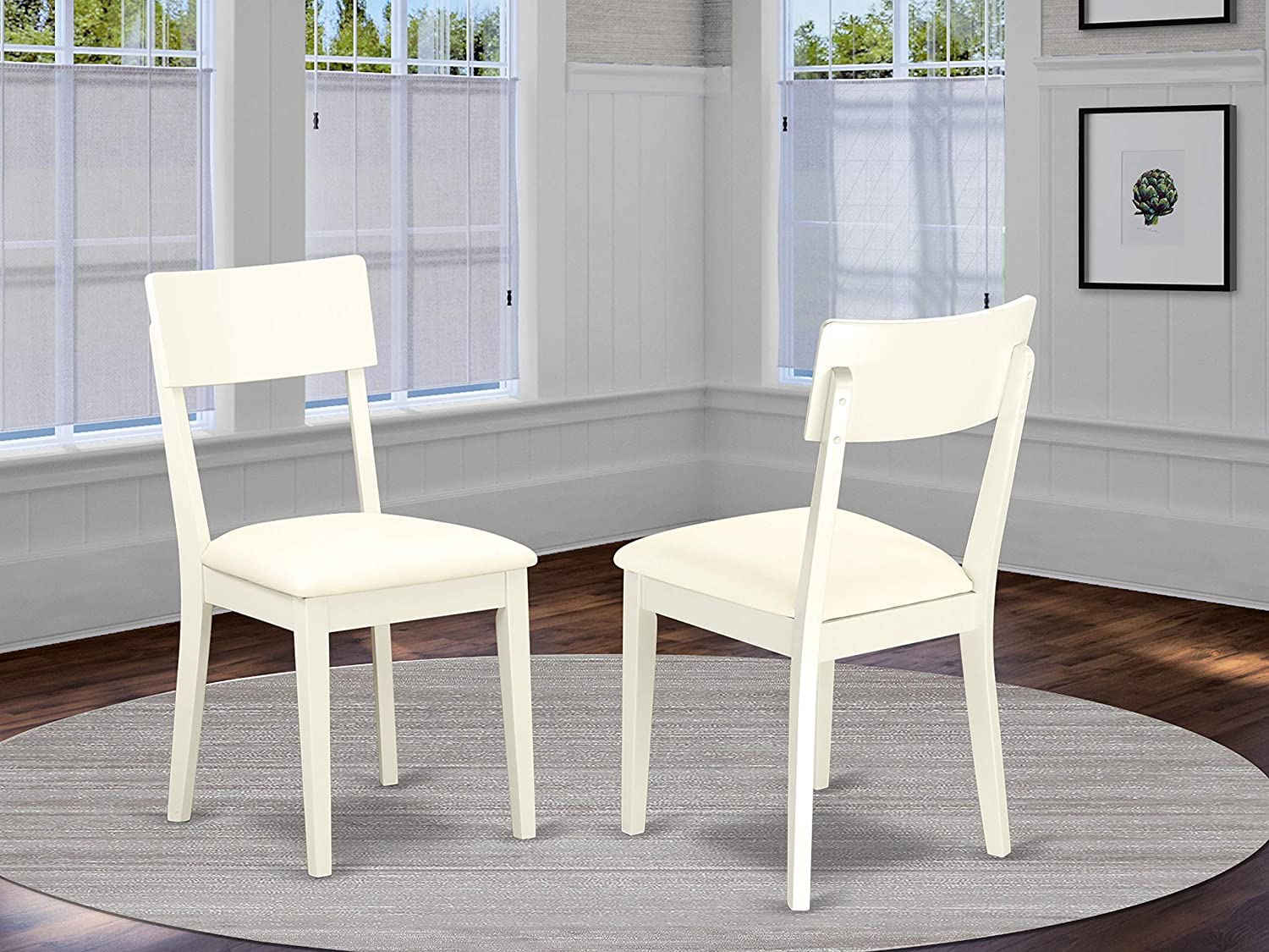 East West Furniture Andy Slat Back Dining Room Chairs- Faux Leather Seat and Linen White Hardwood Frame Dining Chair Set of 2