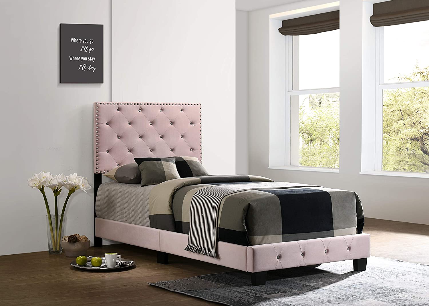 Glory Furniture Suffolk , Pink Twin Bed, 47&#34;H X 42&#34;W X 77&#34;D,