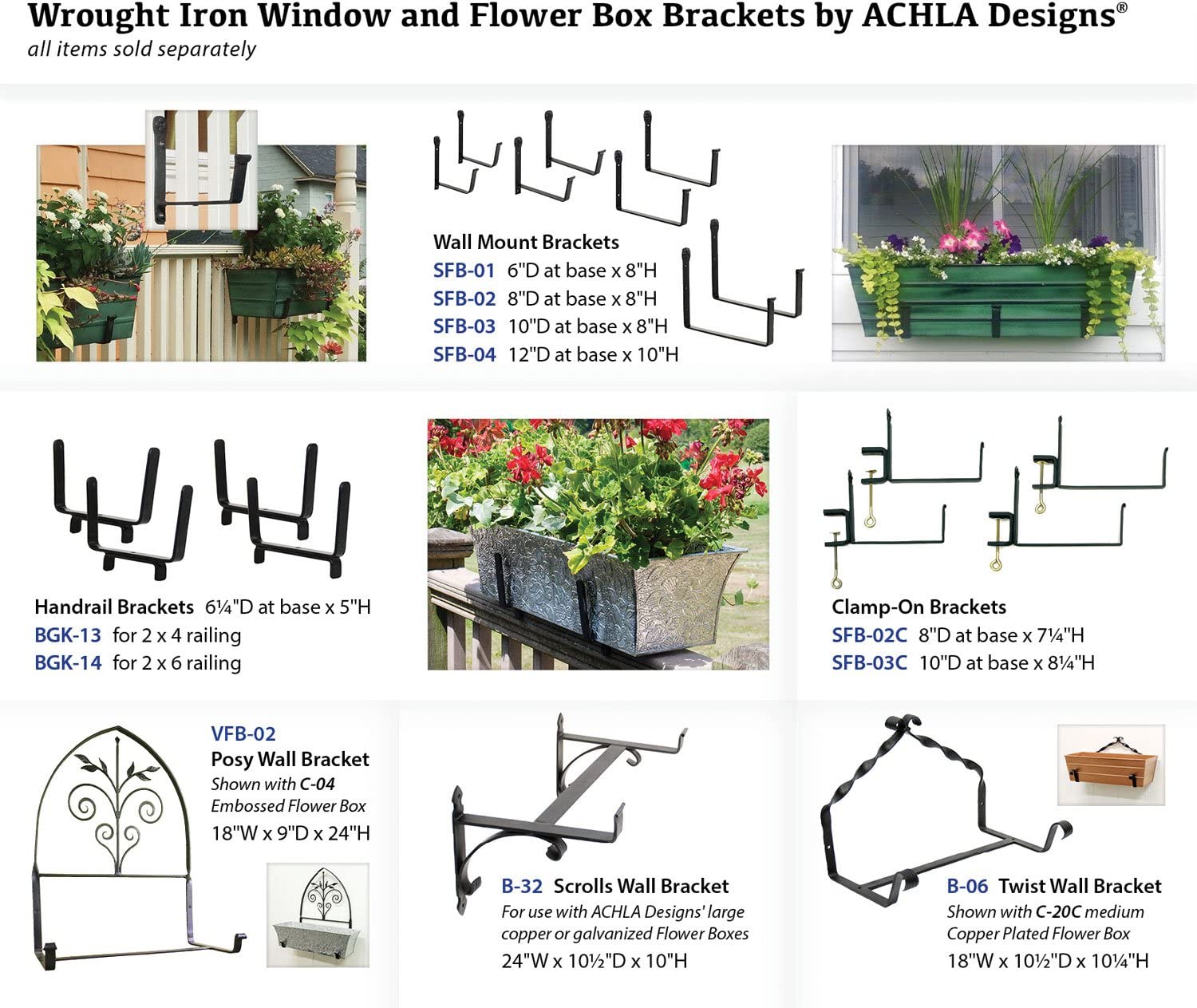 Achla Designs SFB-04 Window Flower Box Wall Brackets, 12-inch, Black