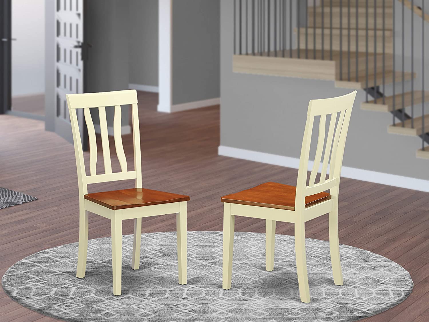 East West Furniture Antique Wooden Dining Chairs Wooden Seat and Buttermilk Hardwood Frame Kitchen Dining Chair Set of 2