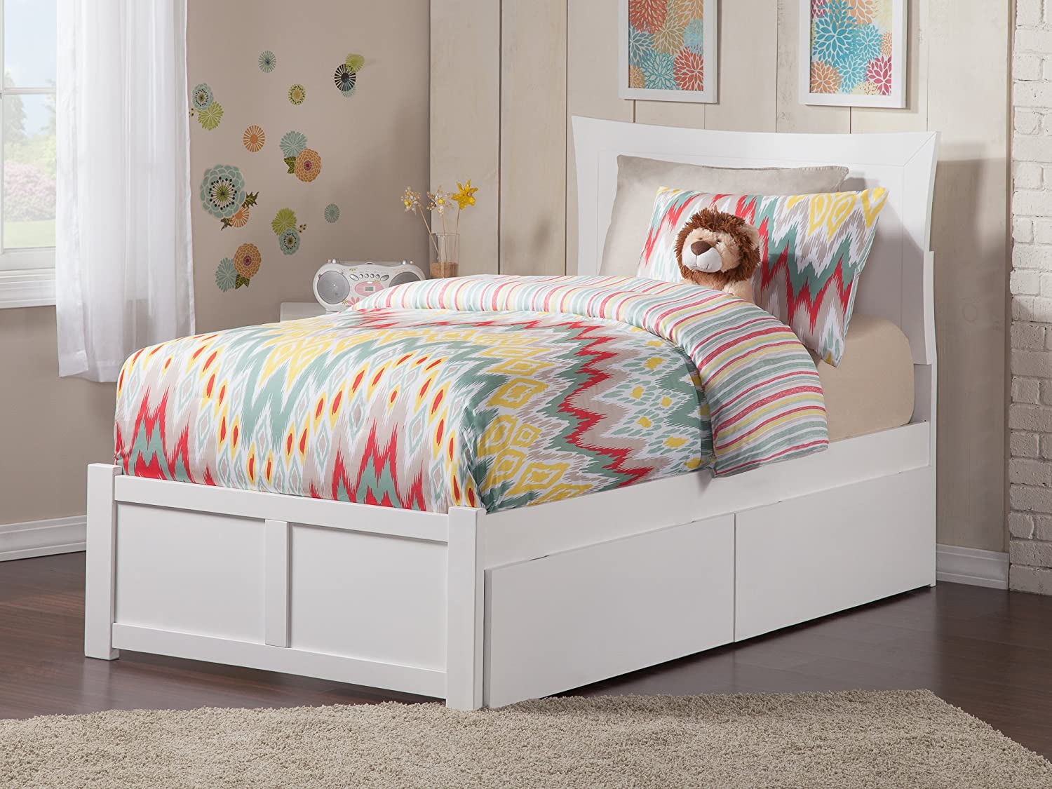 Metro Twin Extra Long Platform Bed with Flat Panel Footboard and Turbo Charger with Urban Bed Drawers in White