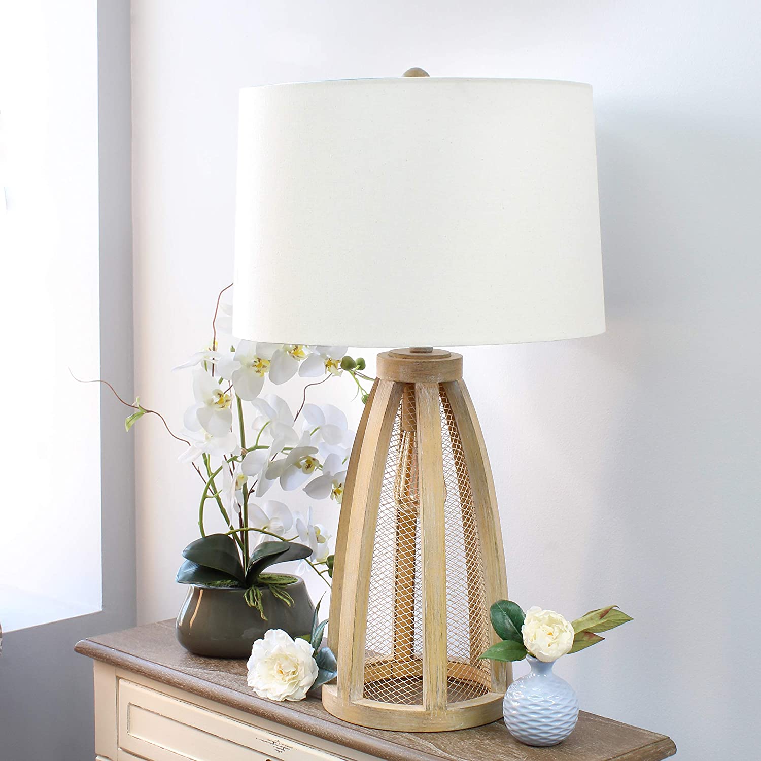 Elegant Designs LT3309-NWD Vintage Farmhouse Netted 2 Light Table Lamp, Natural Wood
