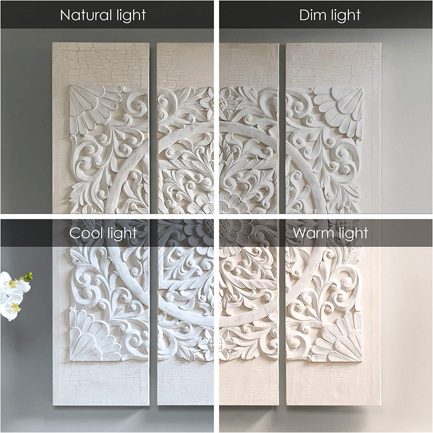 Madison Park Wall Art Living Room Decor - White Mandala Damask 3D Embelished Canvas, Home Accent Dining, Bathroom Decoration, Ready to Hang Painting for Bedroom, Multi-sizes, Off White 3 Piece