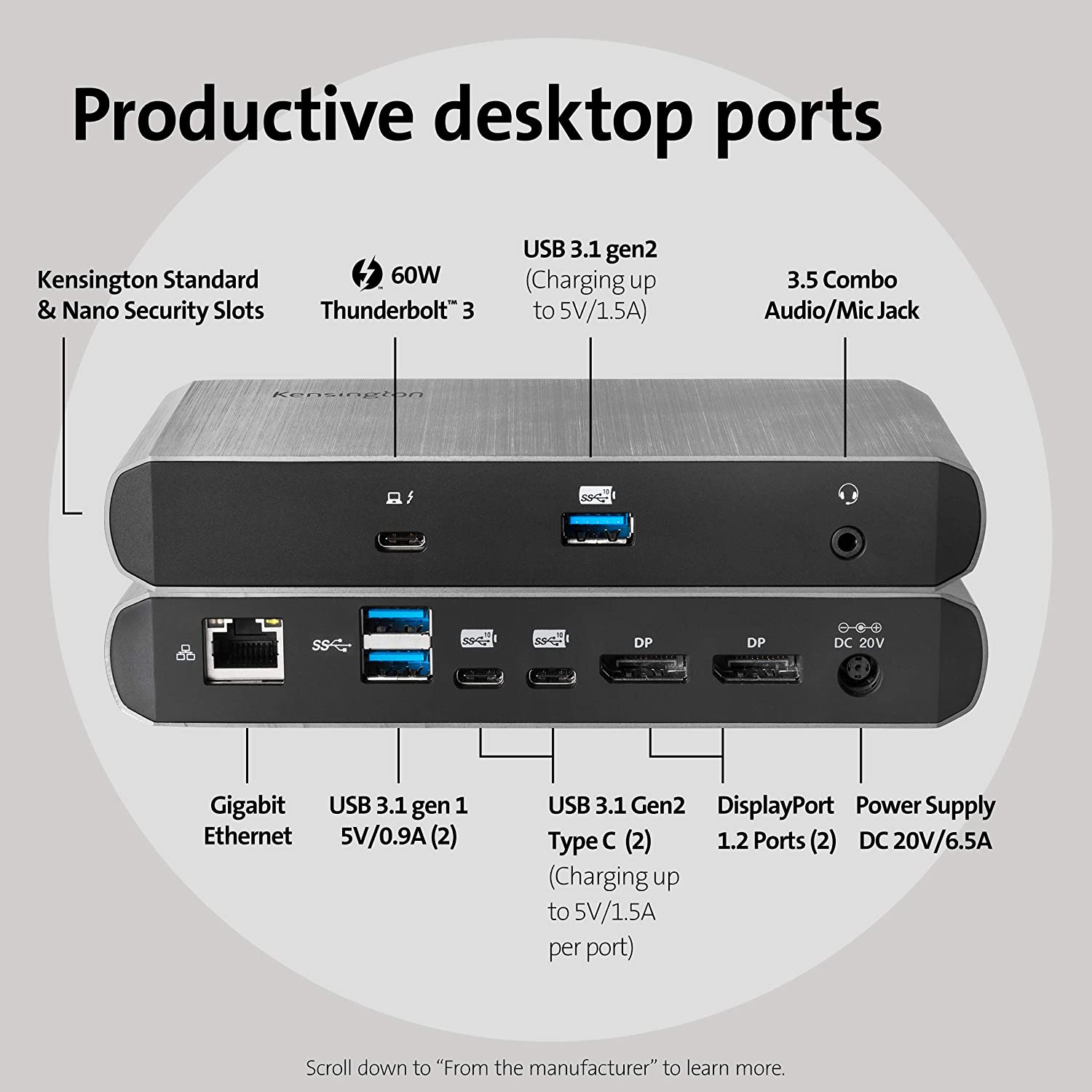 Kensington SD5500T Thunderbolt 3 and USB-C Docking Station, Dual 4K DisplayPort, for Macbooks, Windows and Surface, 60W PD (K38130US)