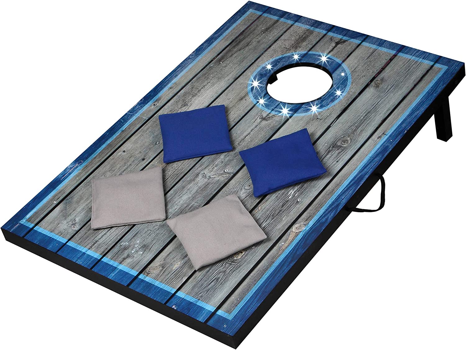 Hathaway LED Cornhole Set with Rustic Target Boards &amp; 8 Bean Toss Bags, Lighted Target Areas, Carry Handles for Portability √É¬¢√¢‚Äö¬¨√¢‚Ç¨≈ì Blue/White