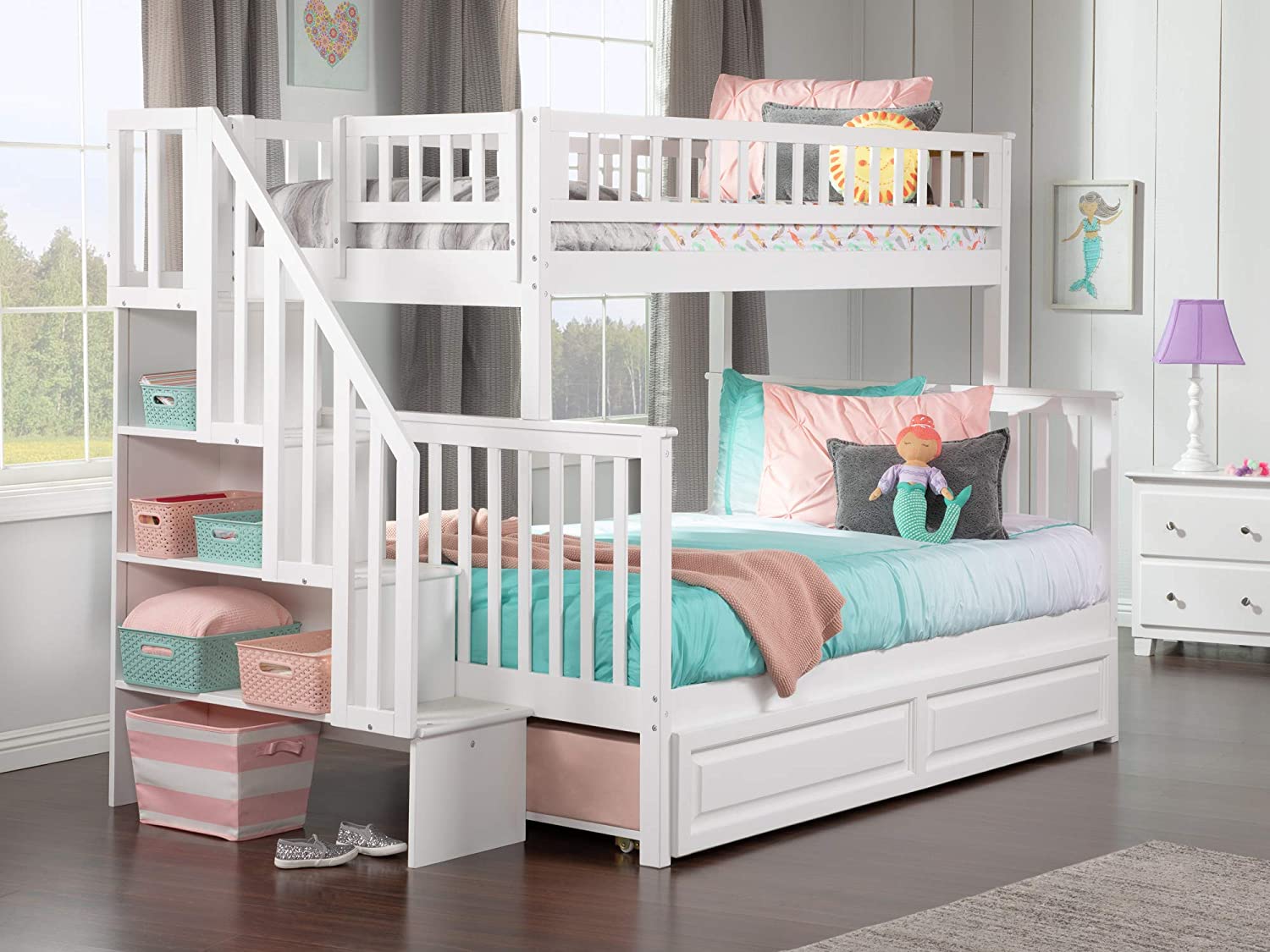 AFI Woodland Staircase Bunk Raised Panel Trundle Bed, Twin/Full, White