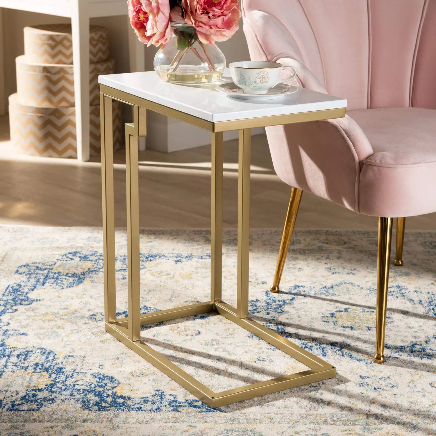 Baxton Studio Renzo Modern and Contemporary Brushed Gold Finished Metal End Table with Faux Marble Tabletop