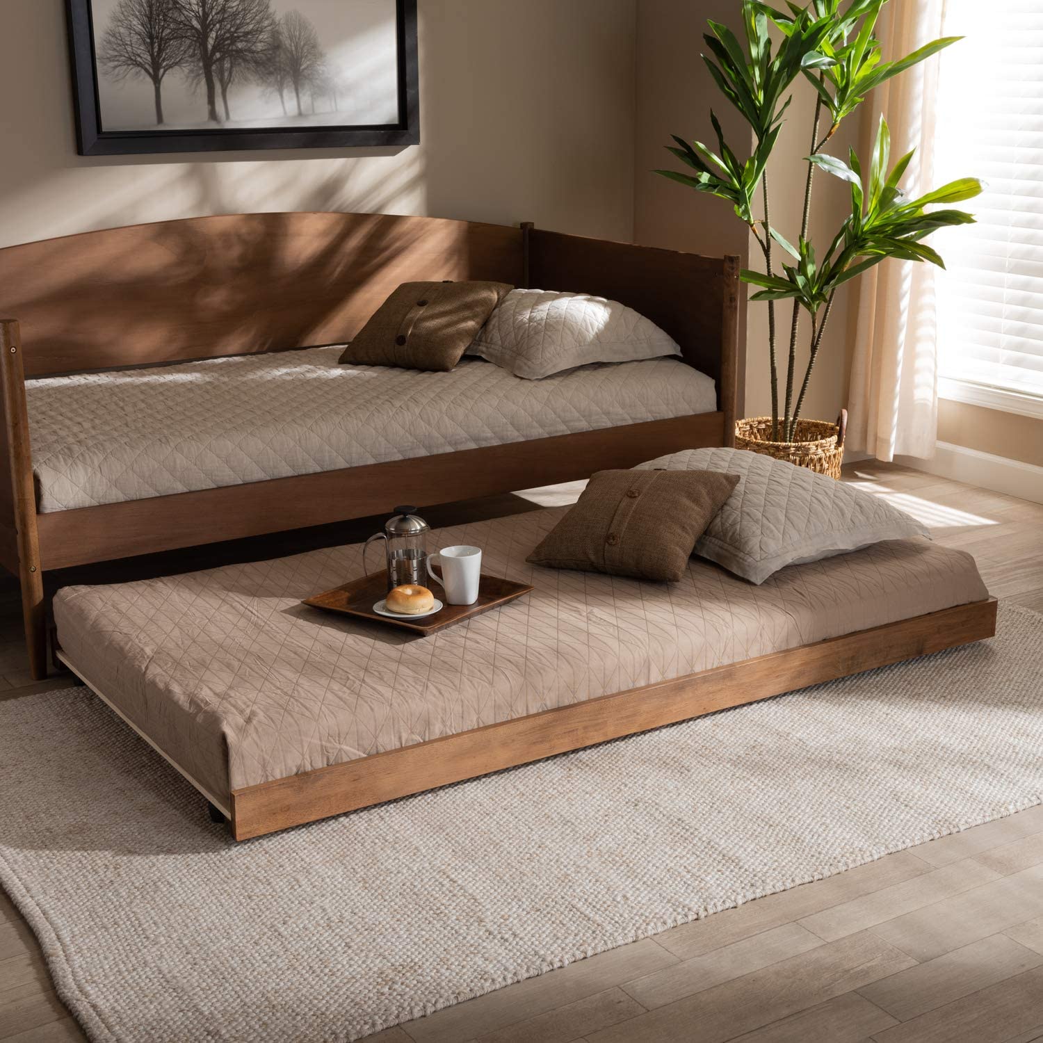 Baxton Studio Veles Modern and Contemporary Ash Walnut Finished Twin Size Trundle Bed