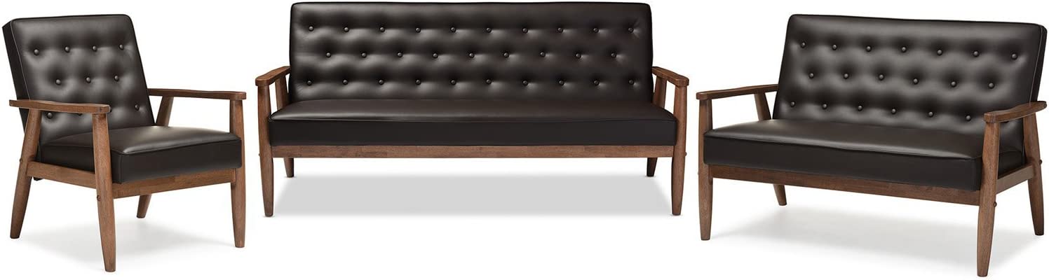 Baxton Studio Sorrento Mid-Century Retro Modern Black Faux Leather Upholstered Wooden 3 Piece Living Room Set