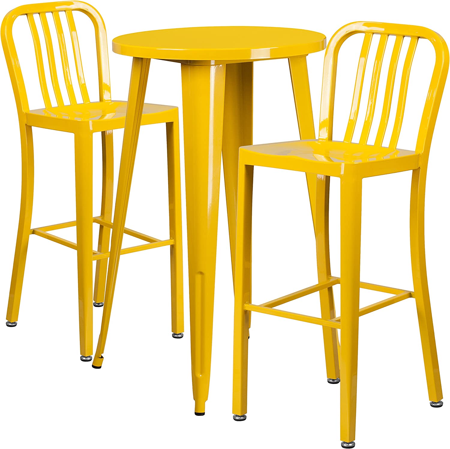 Flash Furniture Commercial Grade 24&#34; Round Yellow Metal Indoor-Outdoor Bar Table Set with 2 Vertical Slat Back Stools