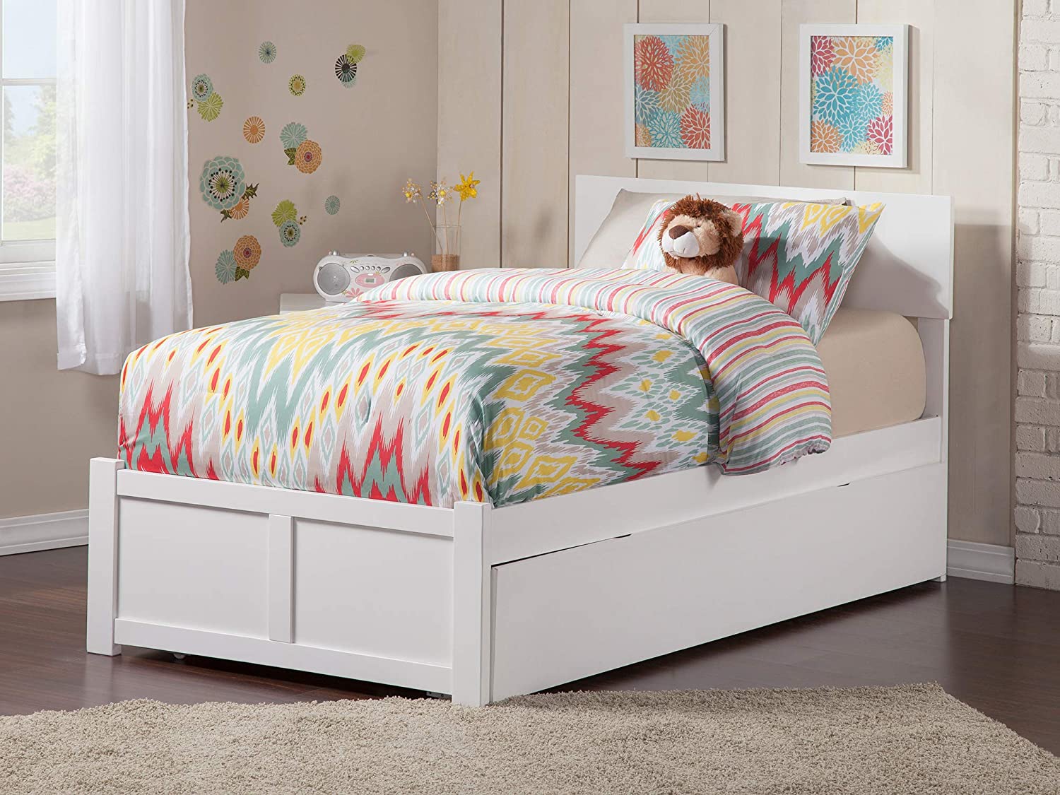 AFI Orlando Platform Bed with Footboard and Turbo Charger with Twin Extra Long Trundle, White