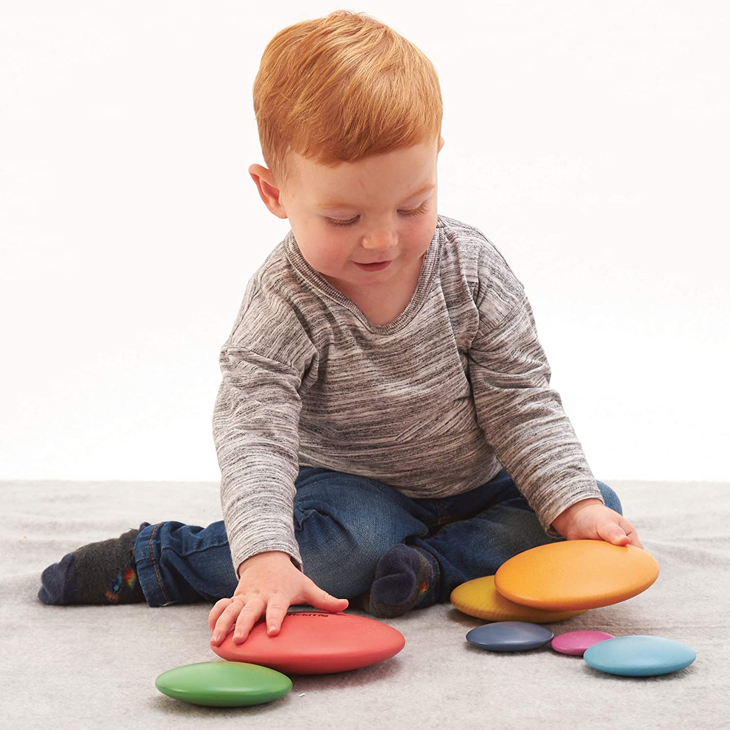 TickiT Rainbow Buttons - Set of 7 - Wooden Stacking Stones for Babies and Toddlers Aged 0+ - Natural Toy for Early Development and Open-Ended Play