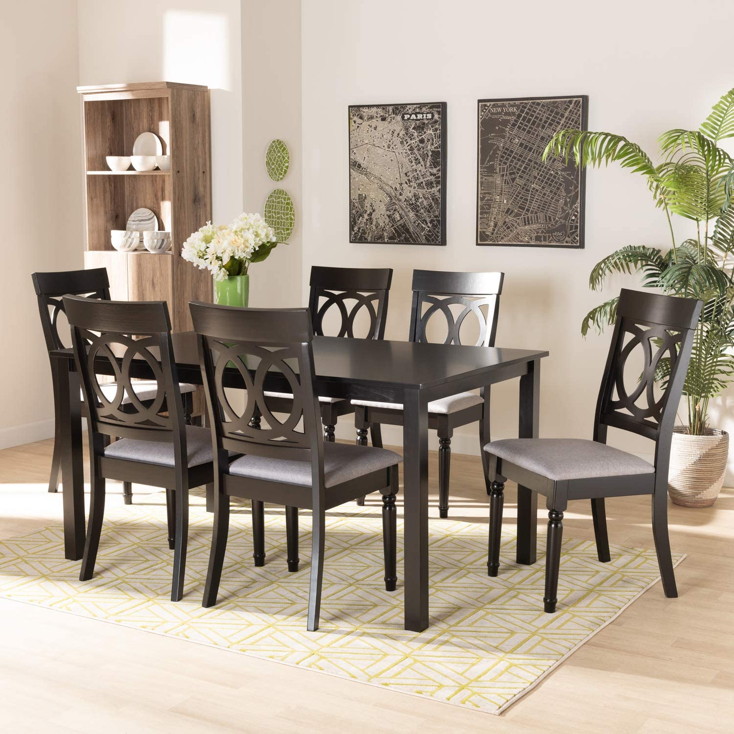 Baxton Studio Lucie Modern and Contemporary Grey Fabric Upholstered and Dark Brown Finished Wood 7-Piece Dining Set