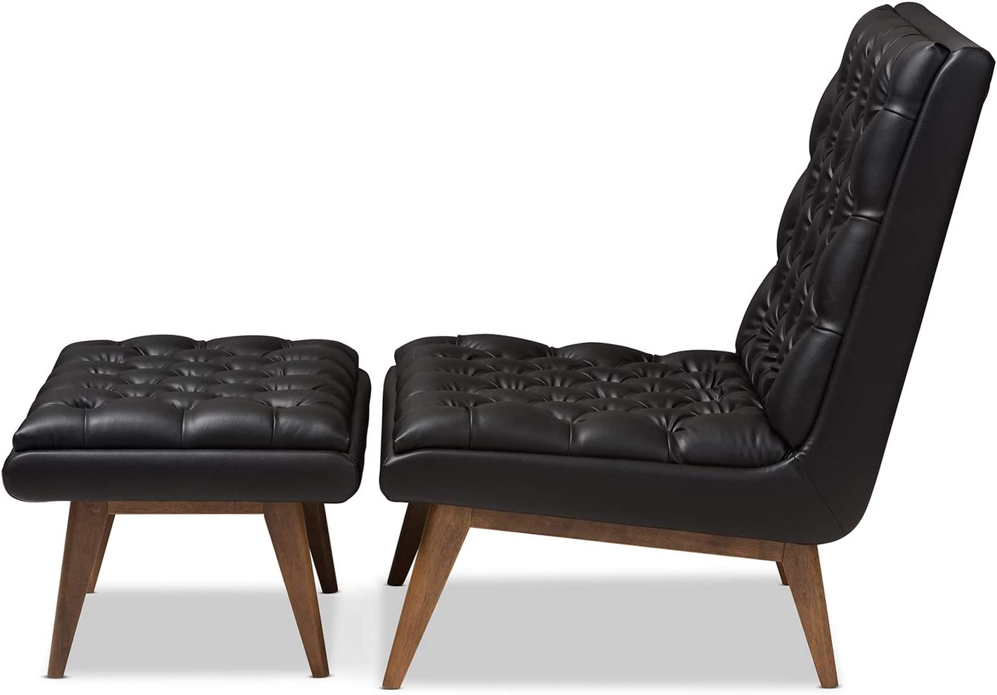 Baxton Studio Annetha Mid-Century Modern Black Faux Leather Upholstered Walnut Finished Wood Chair and Ottoman Set/Mid-Century/Black/Medium Wood/Faux Leather/Rubber Wood/Foam