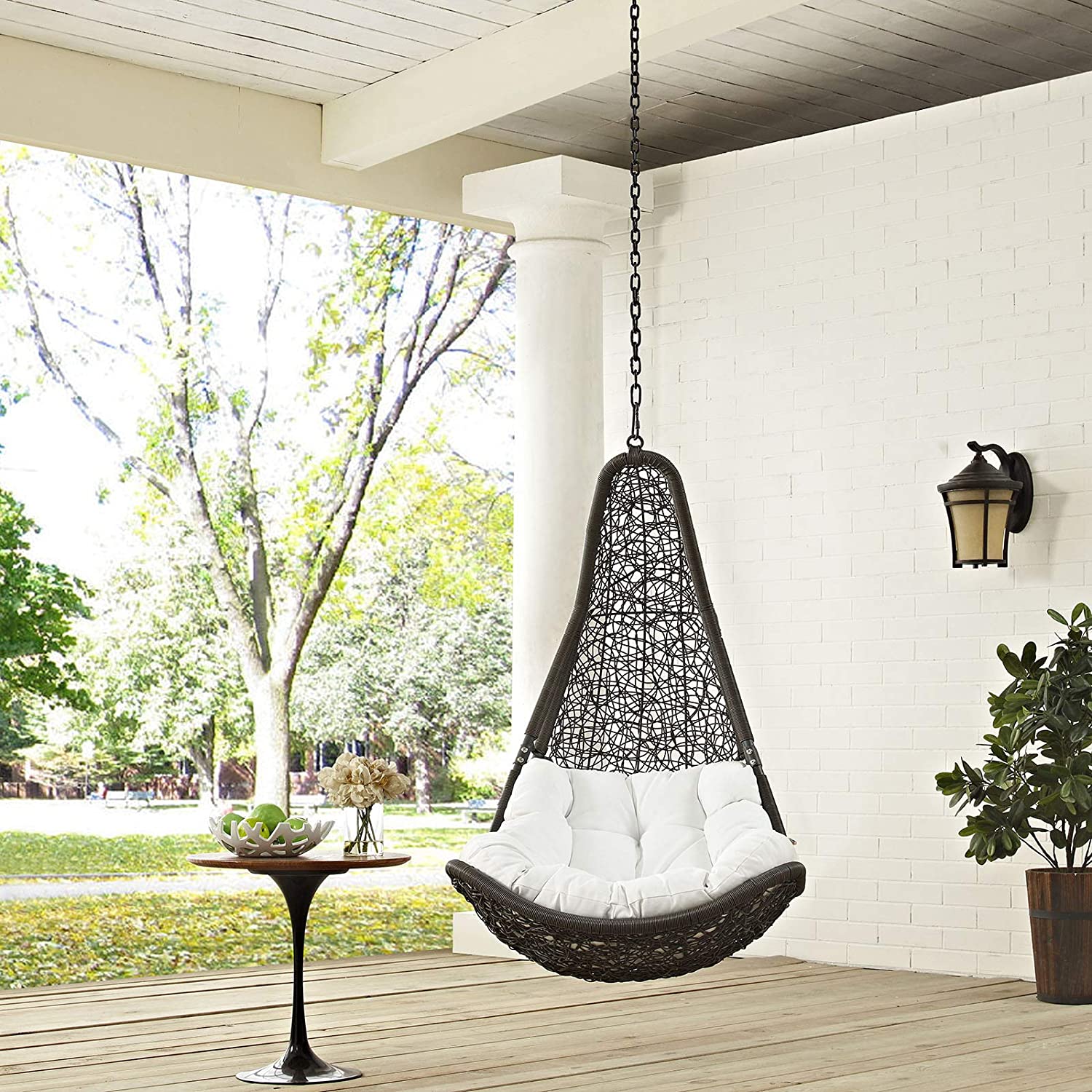 Modway EEI-2657-GRY-WHI-SET Abate Wicker Rattan Outdoor Patio with Hanging Steel Chain, Swing Chair Without Stand, Gray White