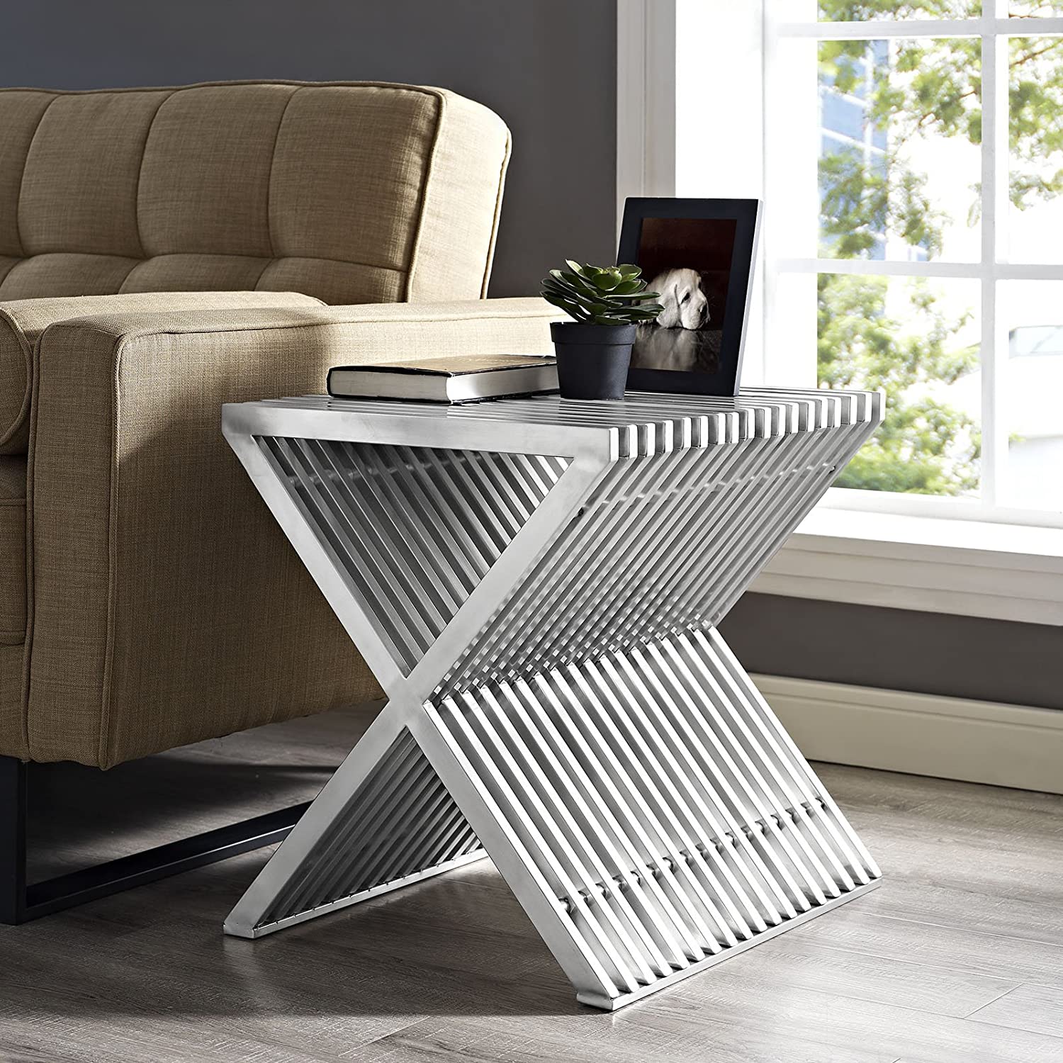 Modway Press Contemporary Modern Stainless Steel Accent Side End Table In Silver