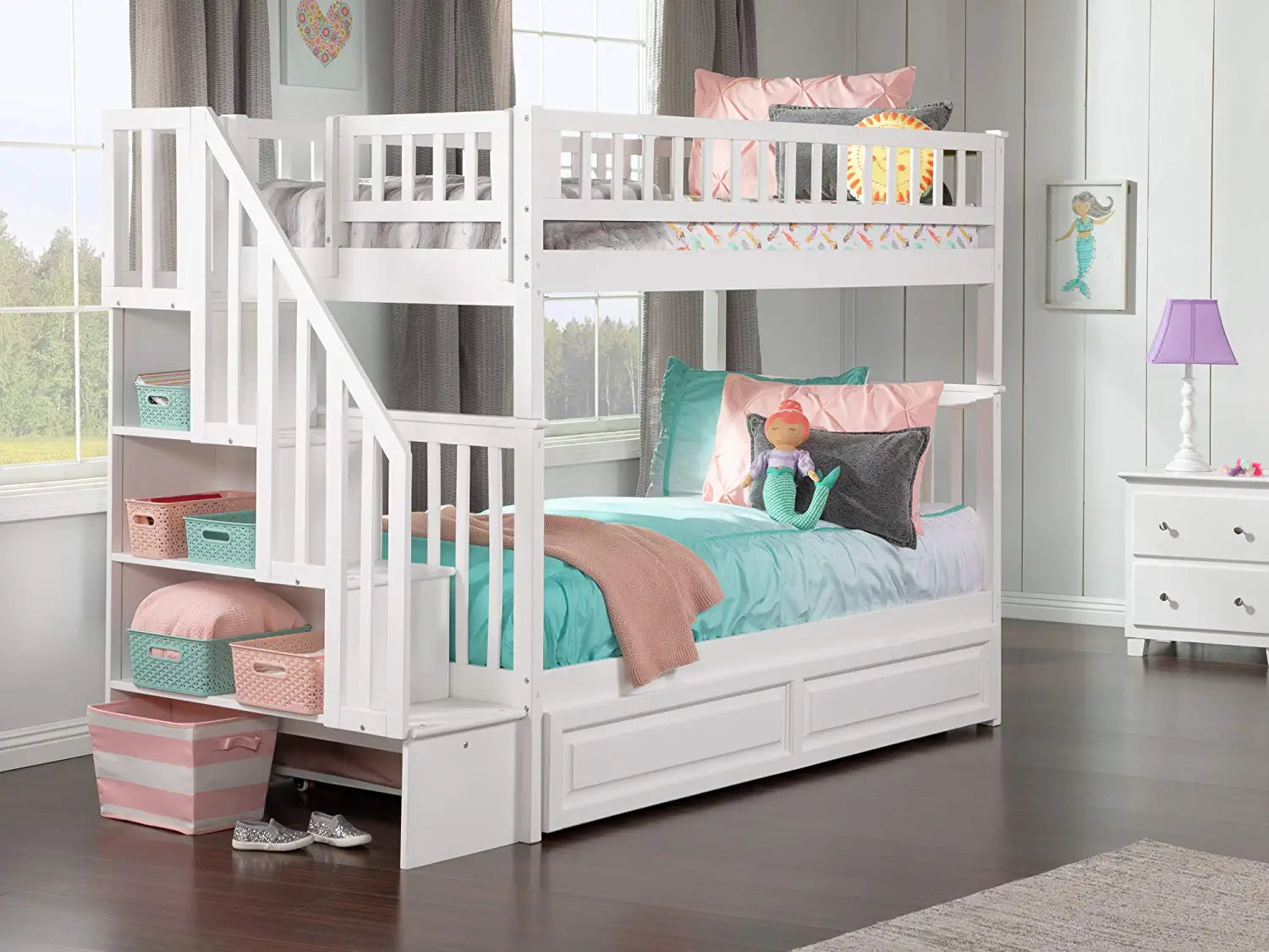 AFI Woodland Staircase Bunk Raised Panel Trundle Bed, Twin, White, Twin over Twin