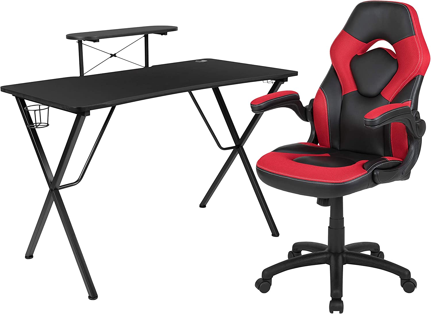 Flash Furniture Black Gaming Desk and Red/Black Racing Chair Set with Cup Holder, Headphone Hook, and Monitor/Smartphone Stand