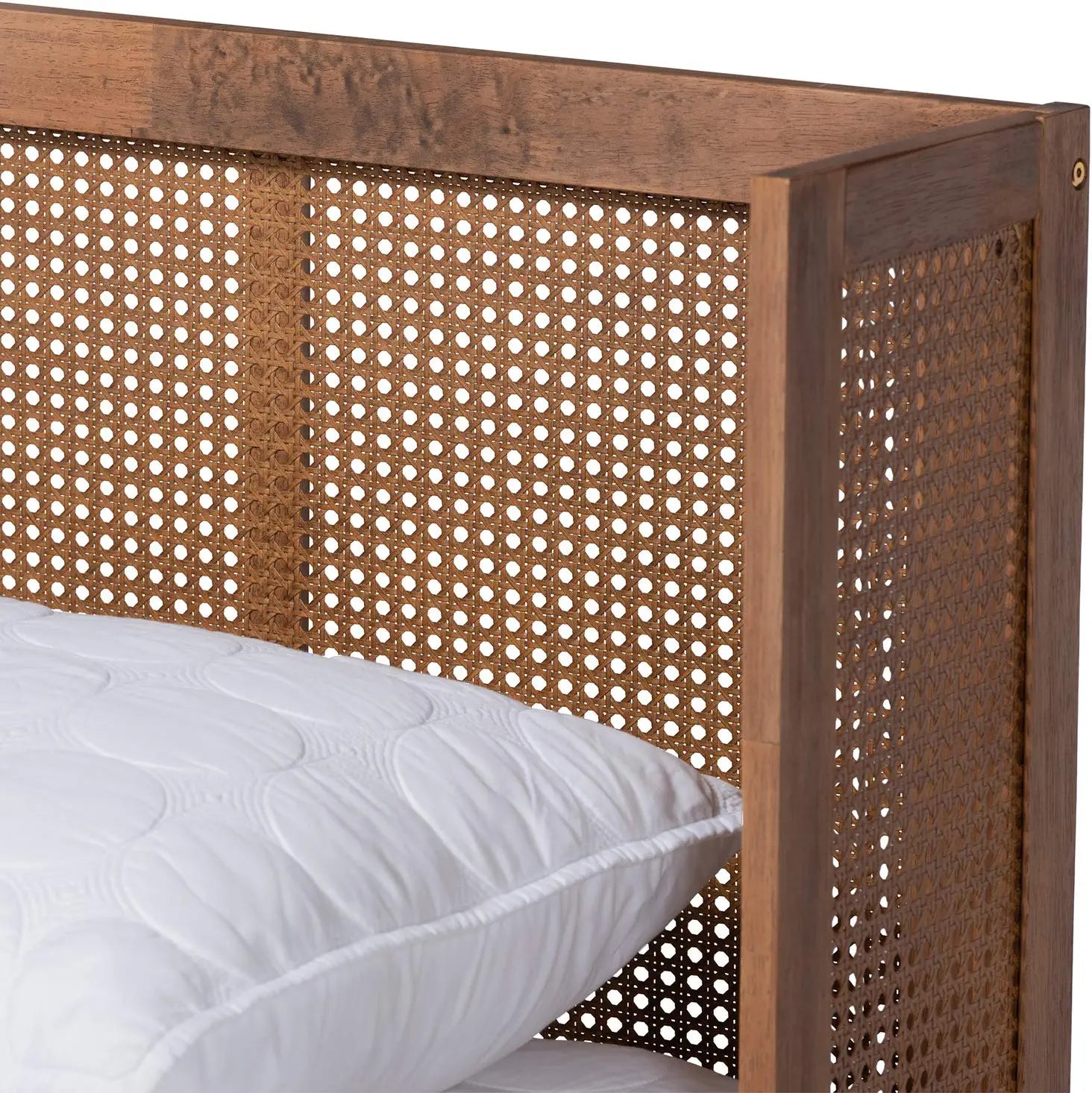 Baxton Studio Rina Mid-Century Modern Ash Wanut Finished Wood and Synthetic Rattan King Size Platform Bed with Wrap-Around Headboard