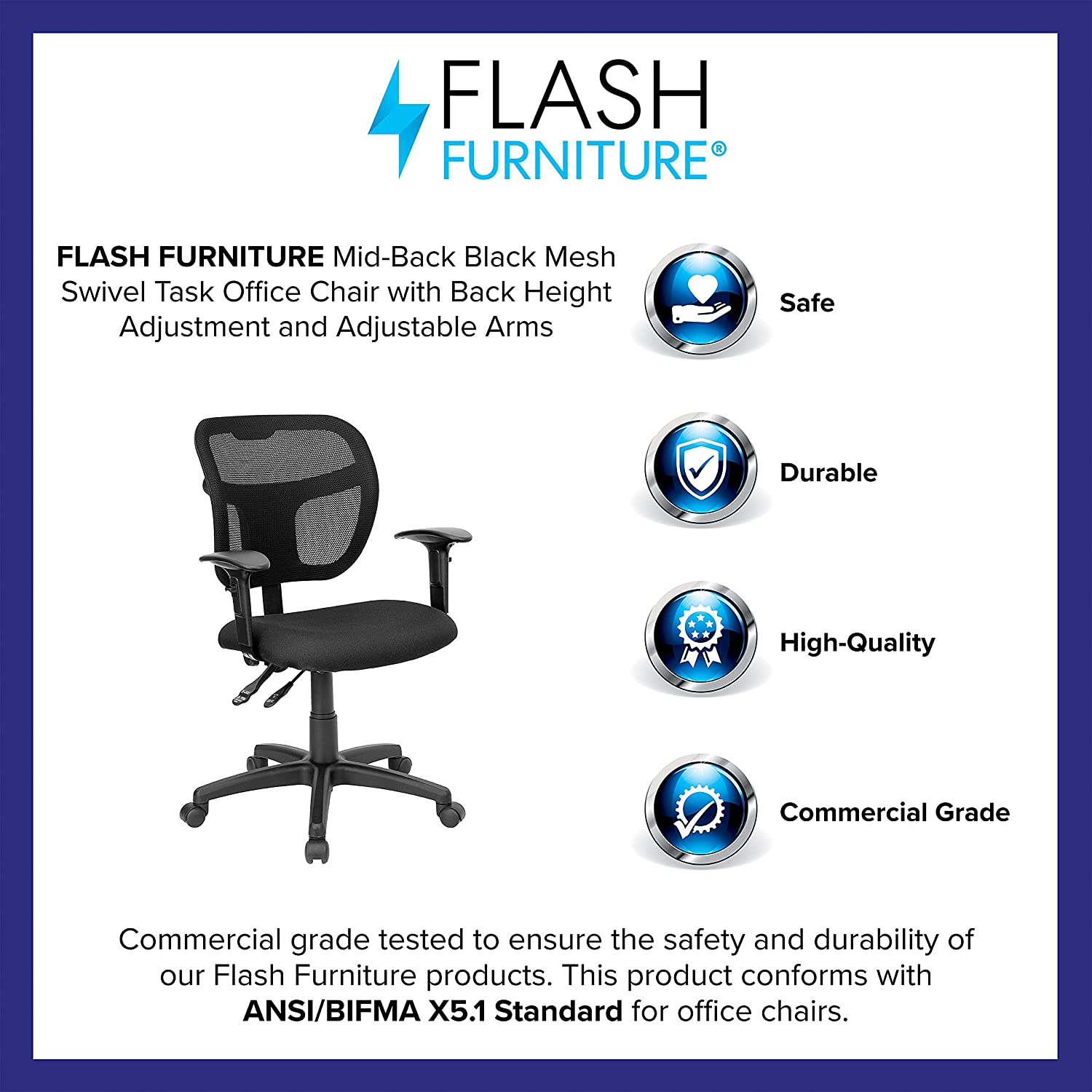 Flash Furniture Mid-Back Black Mesh Swivel Task Office Chair with Back Height Adjustment and Adjustable Arms