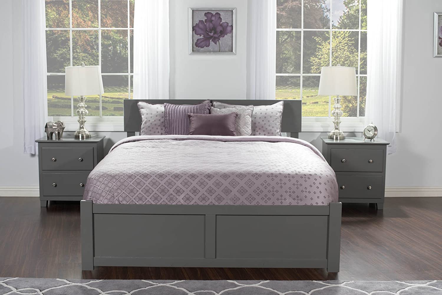 Orlando Full Platform Bed with Flat Panel Footboard and Turbo Charger with Urban Bed Drawers in Grey