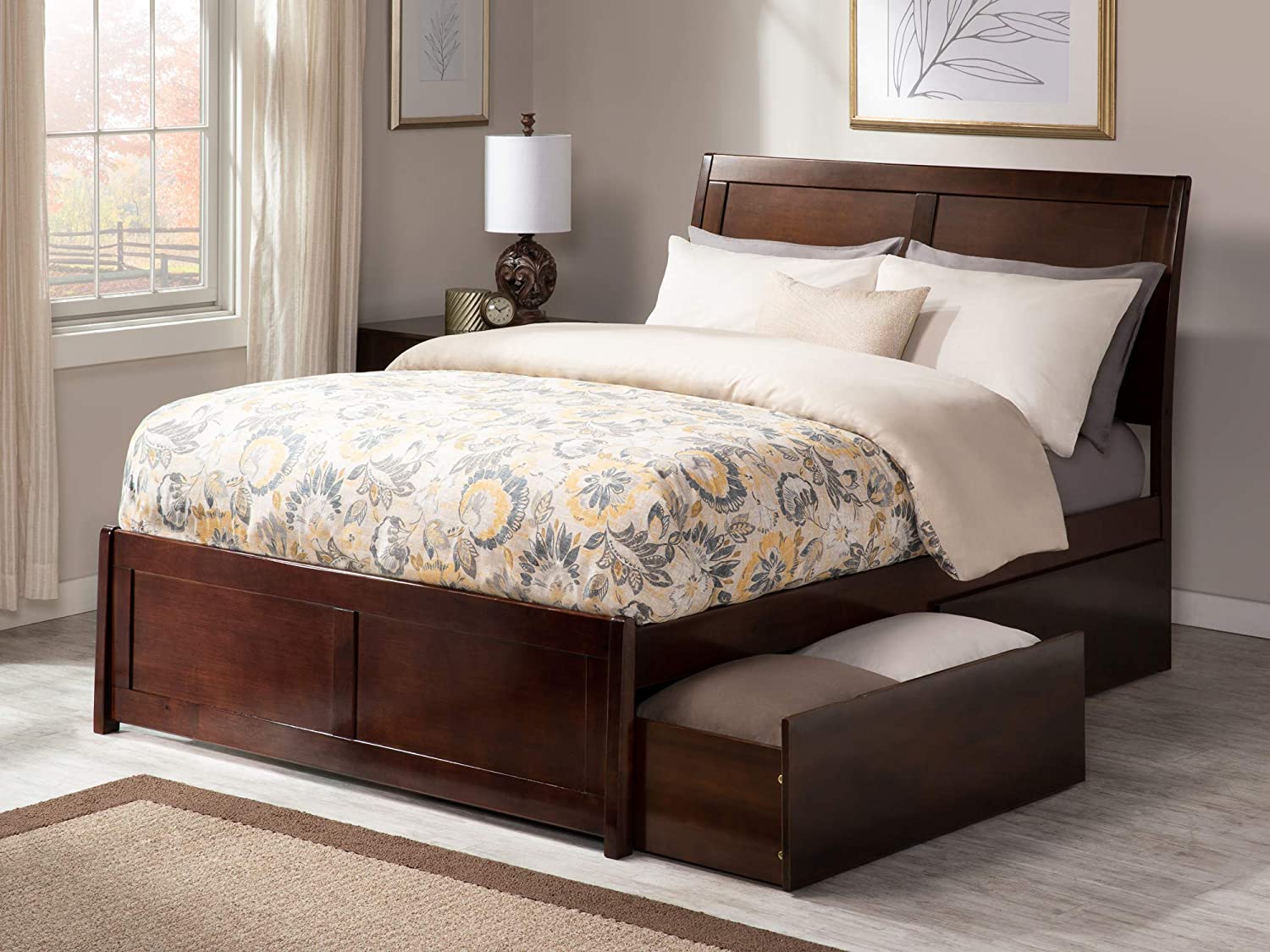 Portland Full Platform Bed with Matching Footboard and Turbo Charger with Urban Bed Drawers in Walnut