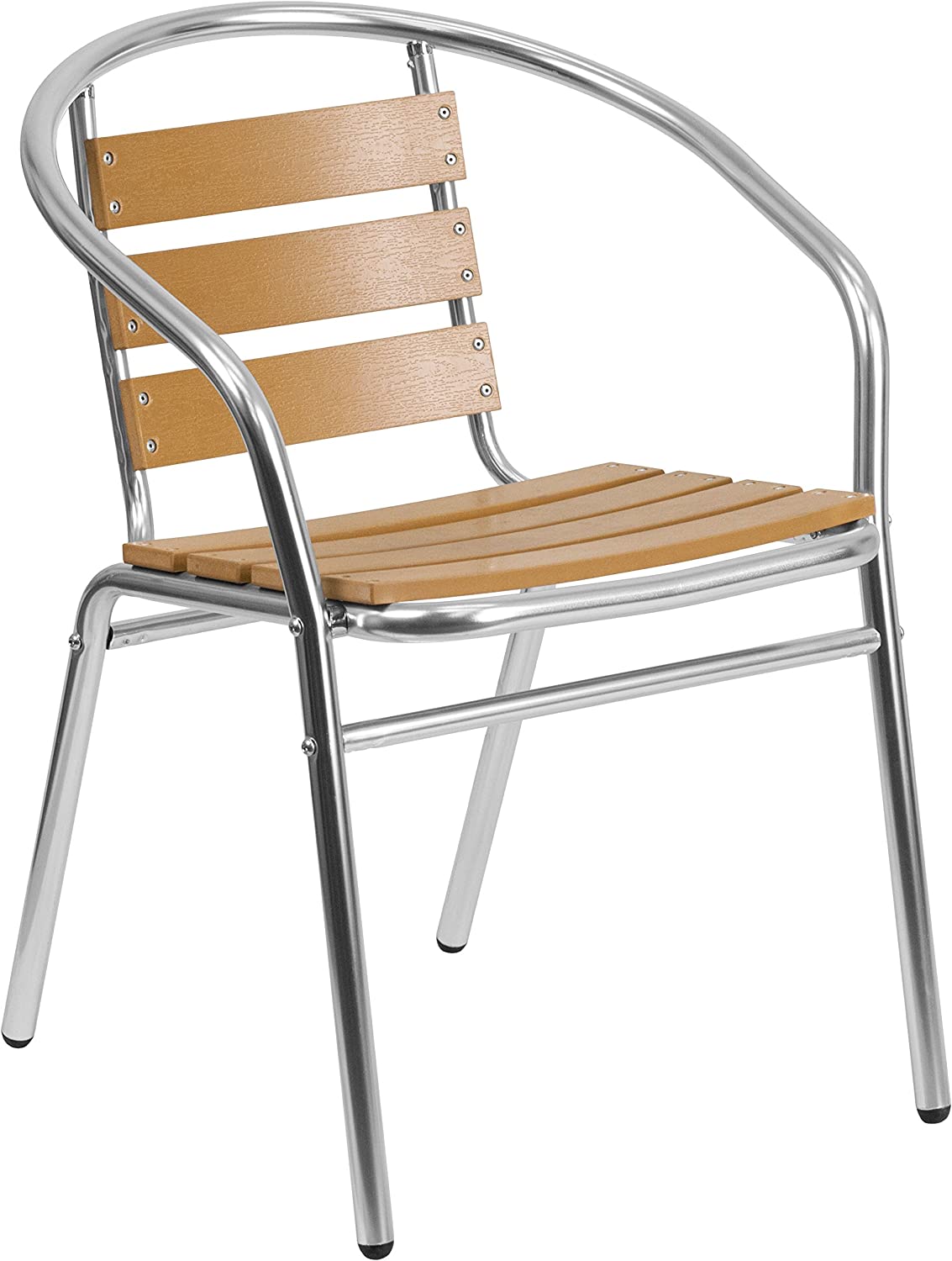 Flash Furniture Commercial Aluminum Indoor-Outdoor Restaurant Stack Chair with Triple Slat Faux Teak Back