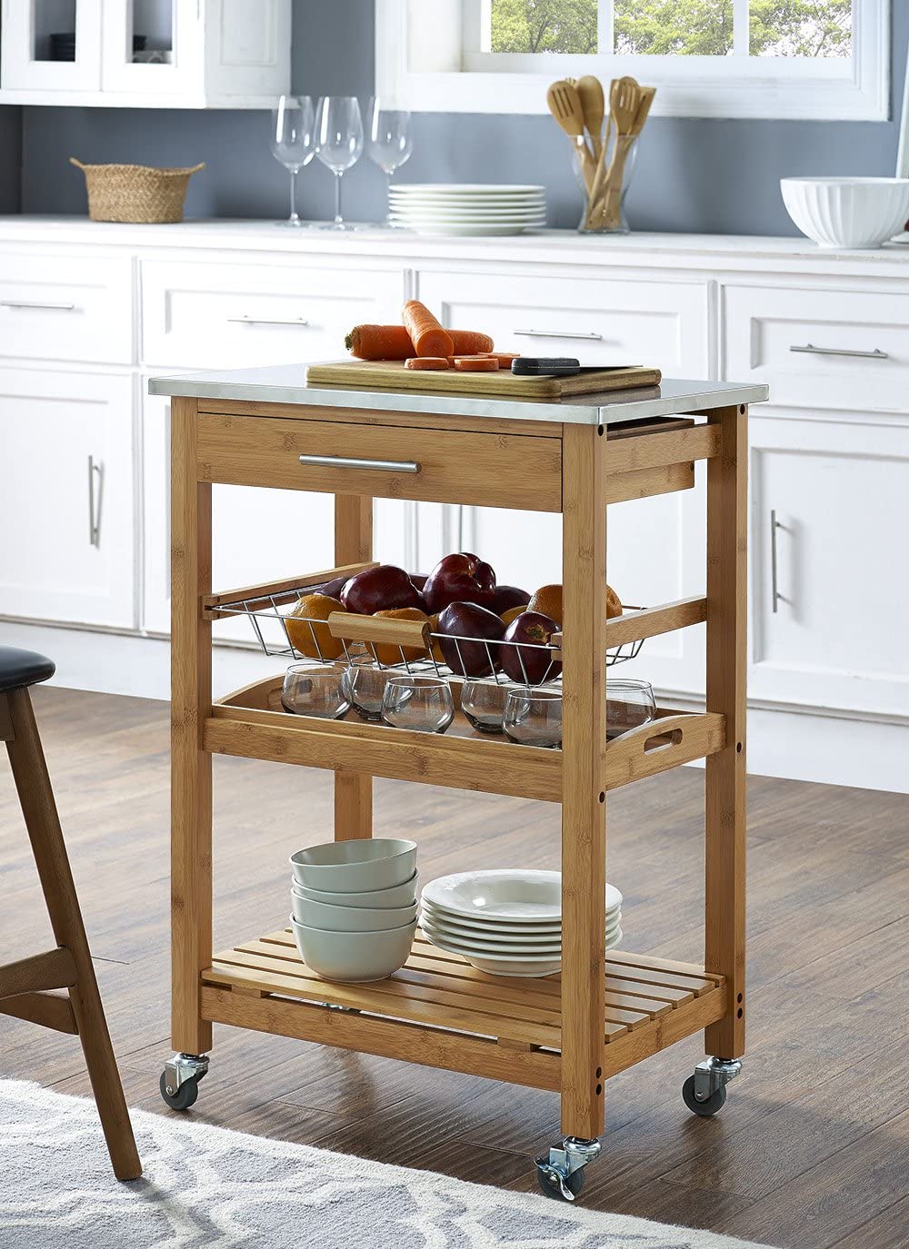 Boraam Aya Bamboo Kitchen Cart with Stainless Steel Top
