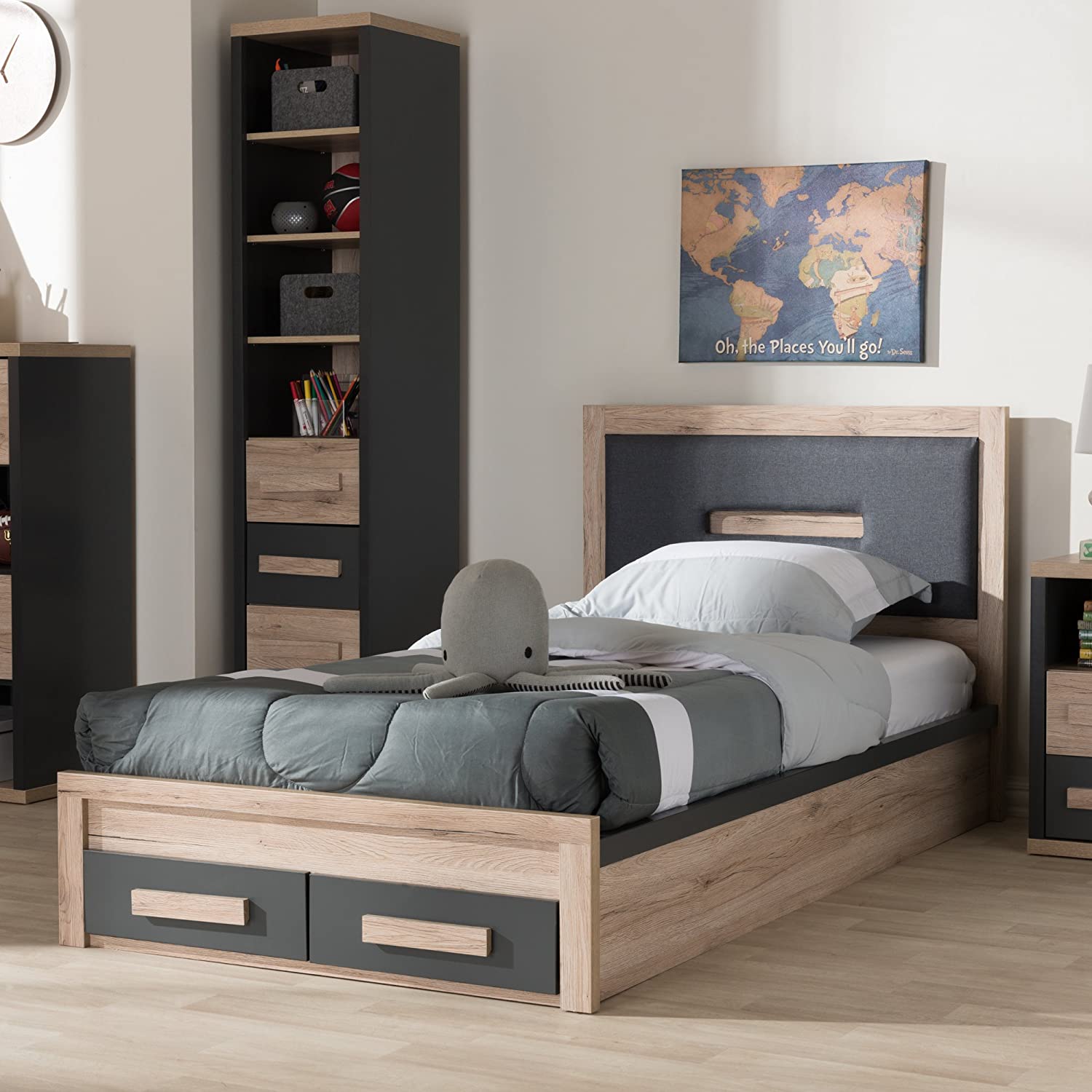 Baxton Studio Pandora Twin Storage Platform Bed in Gray and Oak Brown